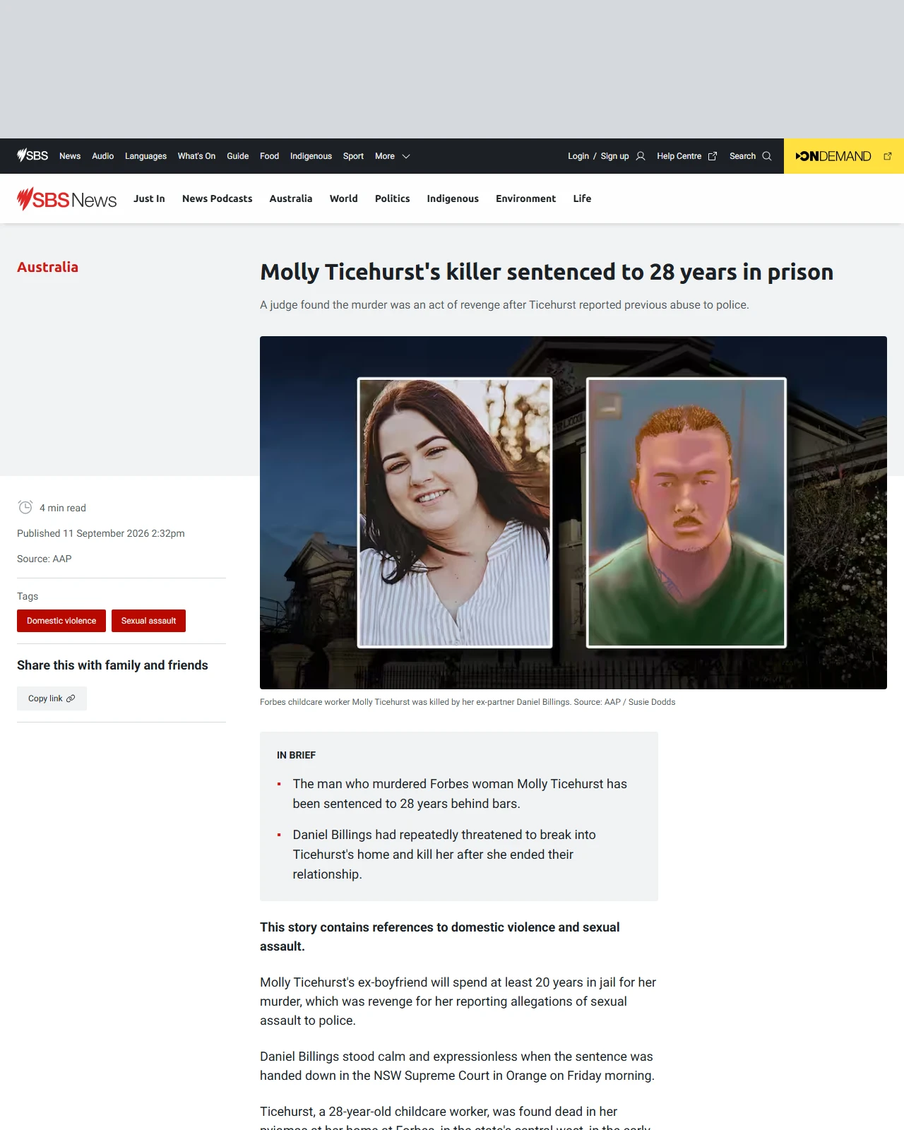 sbs.com.au as published: Molly Ticehurst's killer sentenced to 28 years in prison
