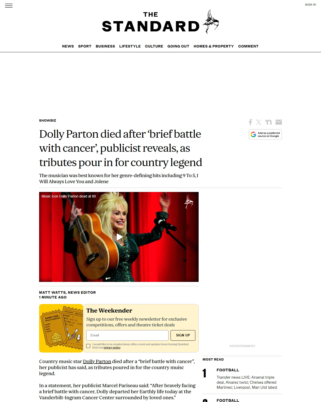 standard.co.uk as published: Tributes pour in for Dolly Parton after death following cancer battle