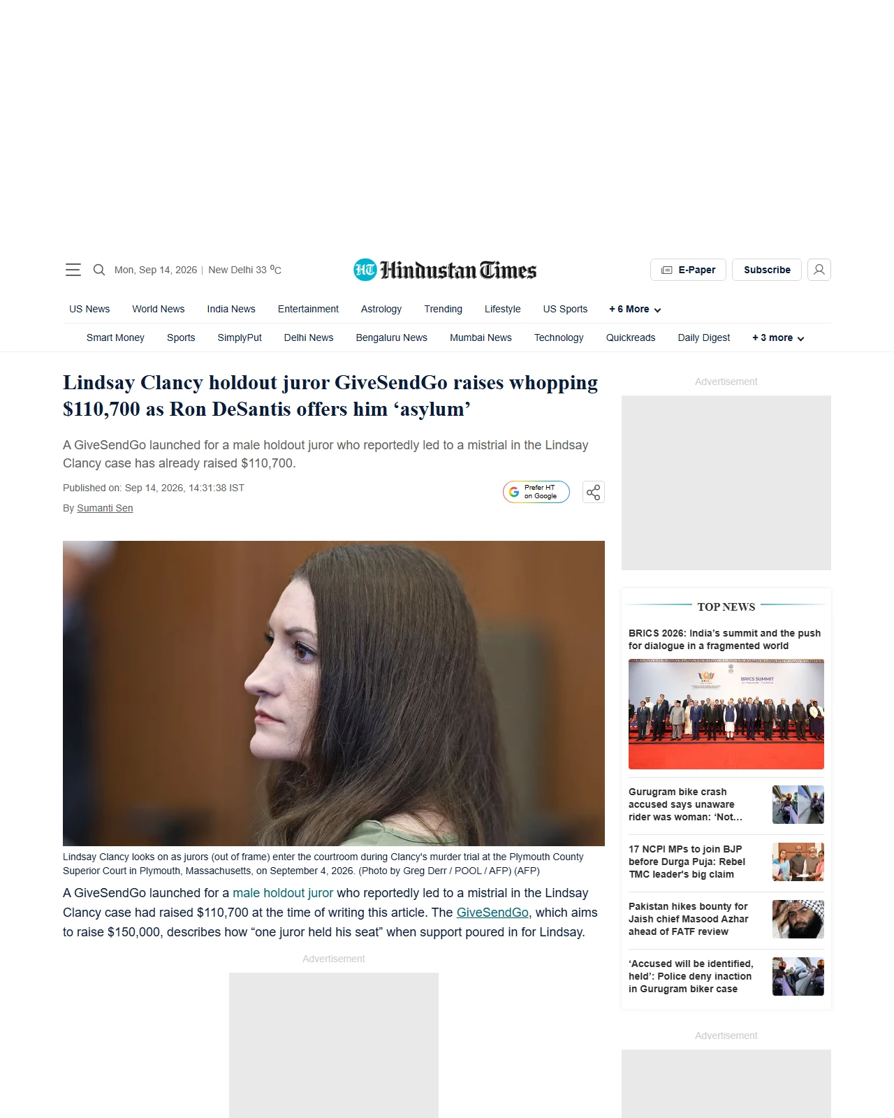 hindustantimes.com as published: Lindsay Clancy holdout juror GiveSendGo raises whopping $110,700 as Ron DeSantis offers him ‘asylum’ | Hindustan Times