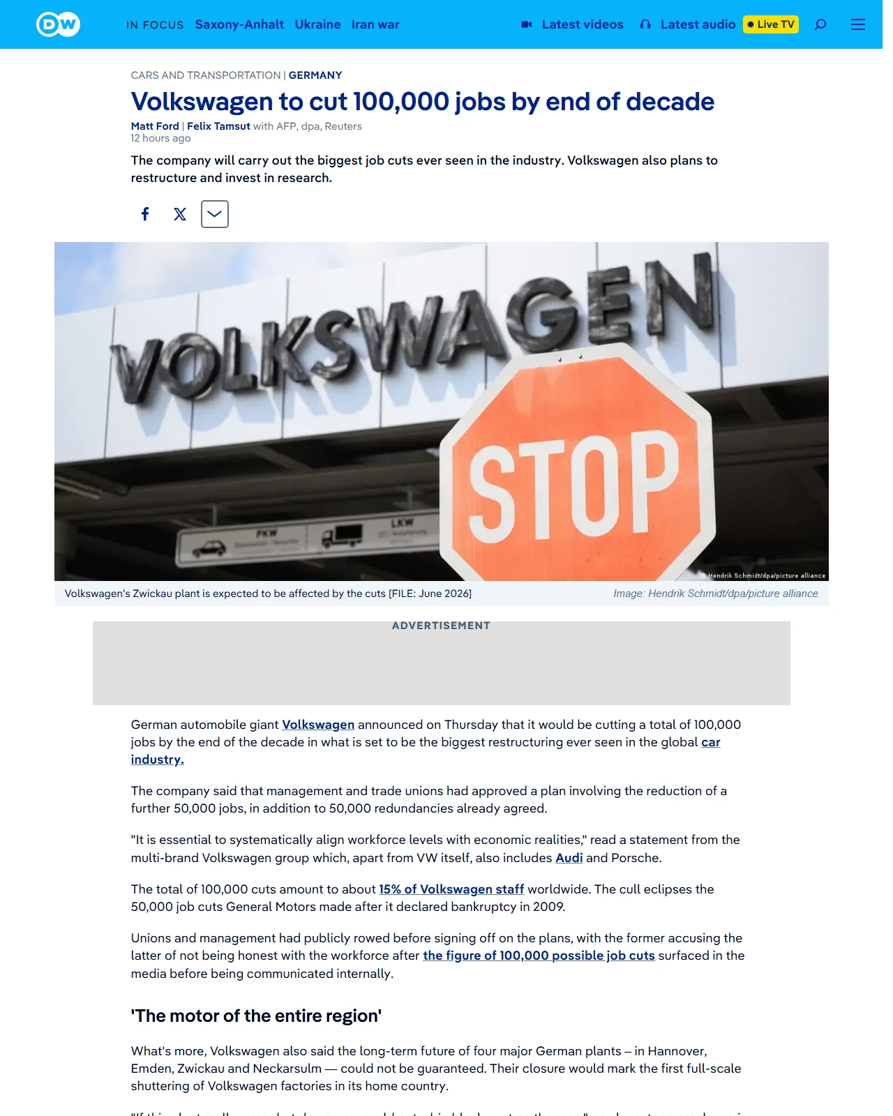 dw.com as published: Volkswagen to cut 100,000 jobs by end of decade