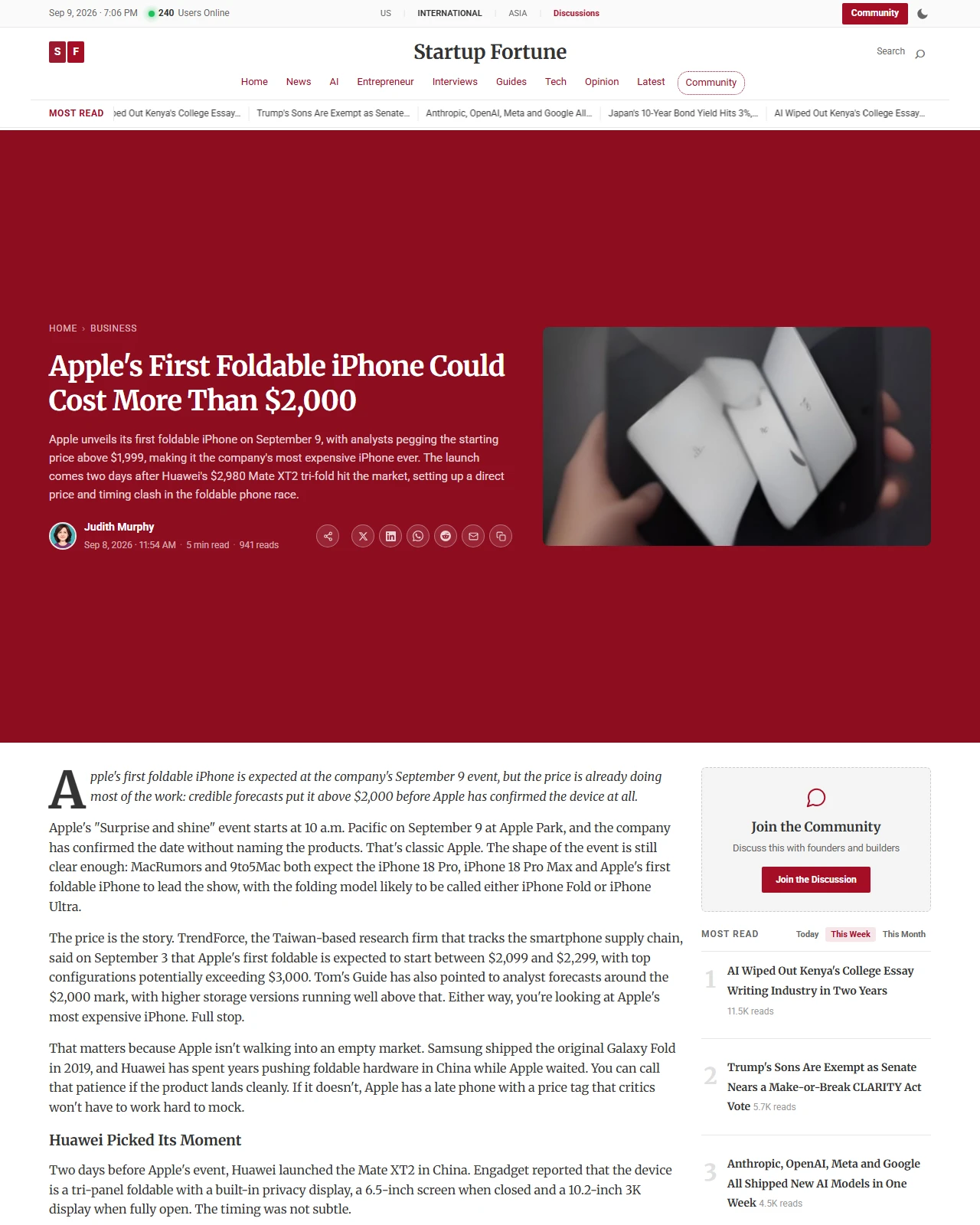 startupfortune.com as published: Apple's First Foldable iPhone Could Cost More Than $2,000