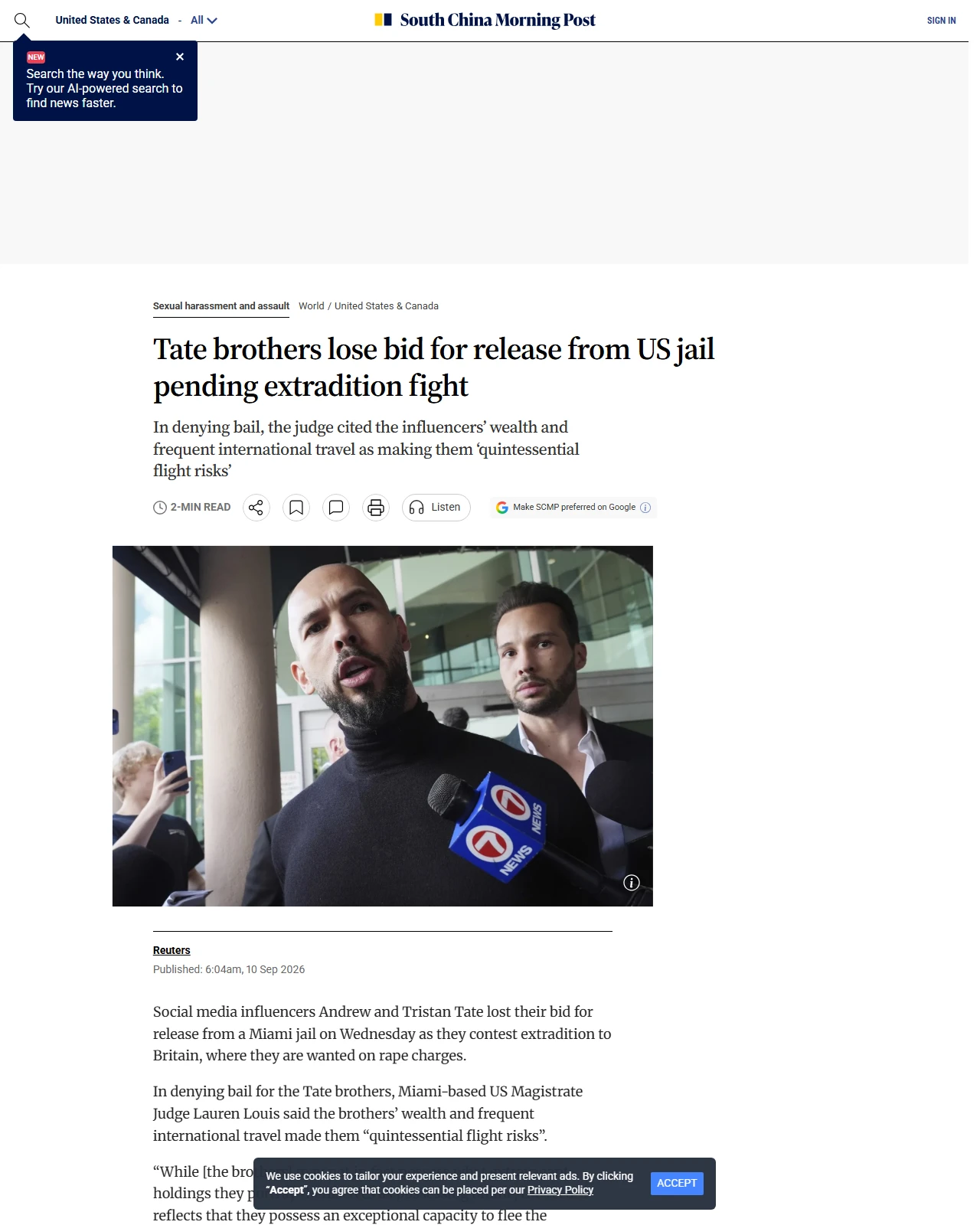 scmp.com as published: Tate brothers lose bid for release from US jail pending extradition fight