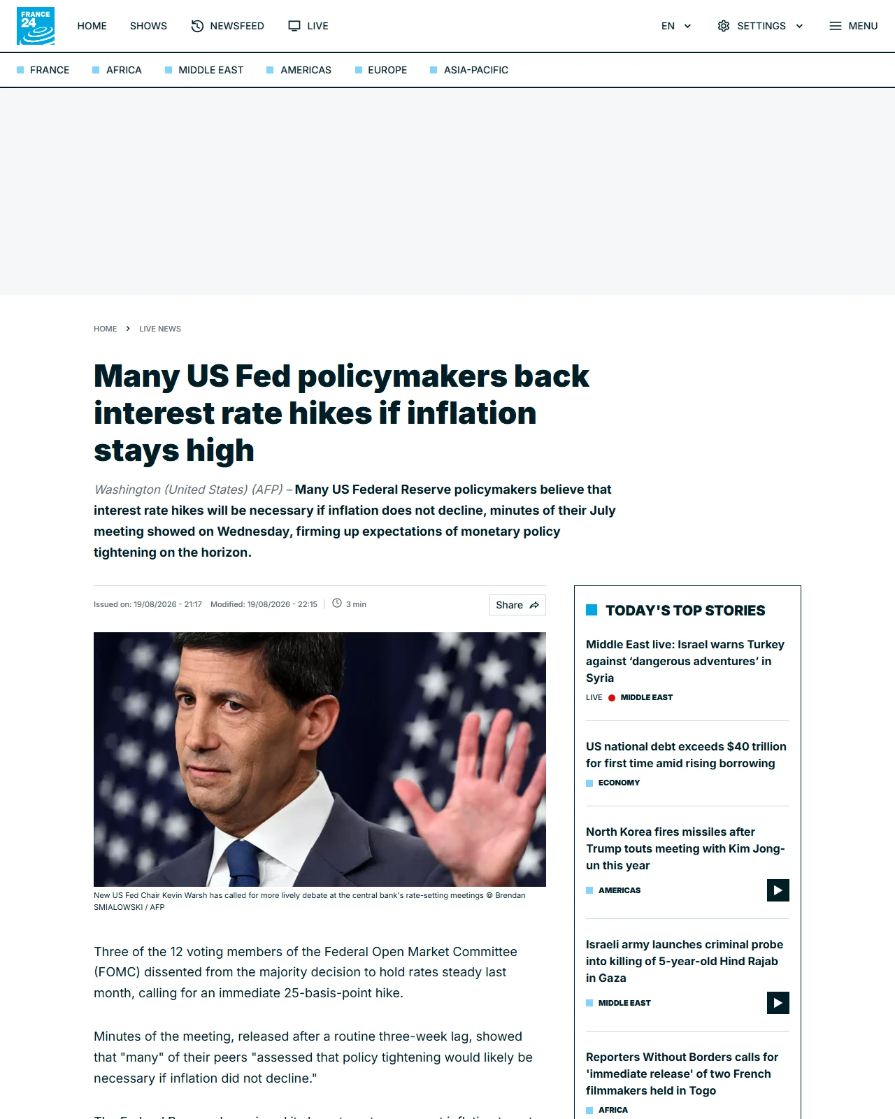 france24.com as published: Many US Fed policymakers back interest rate hikes if inflation stays high