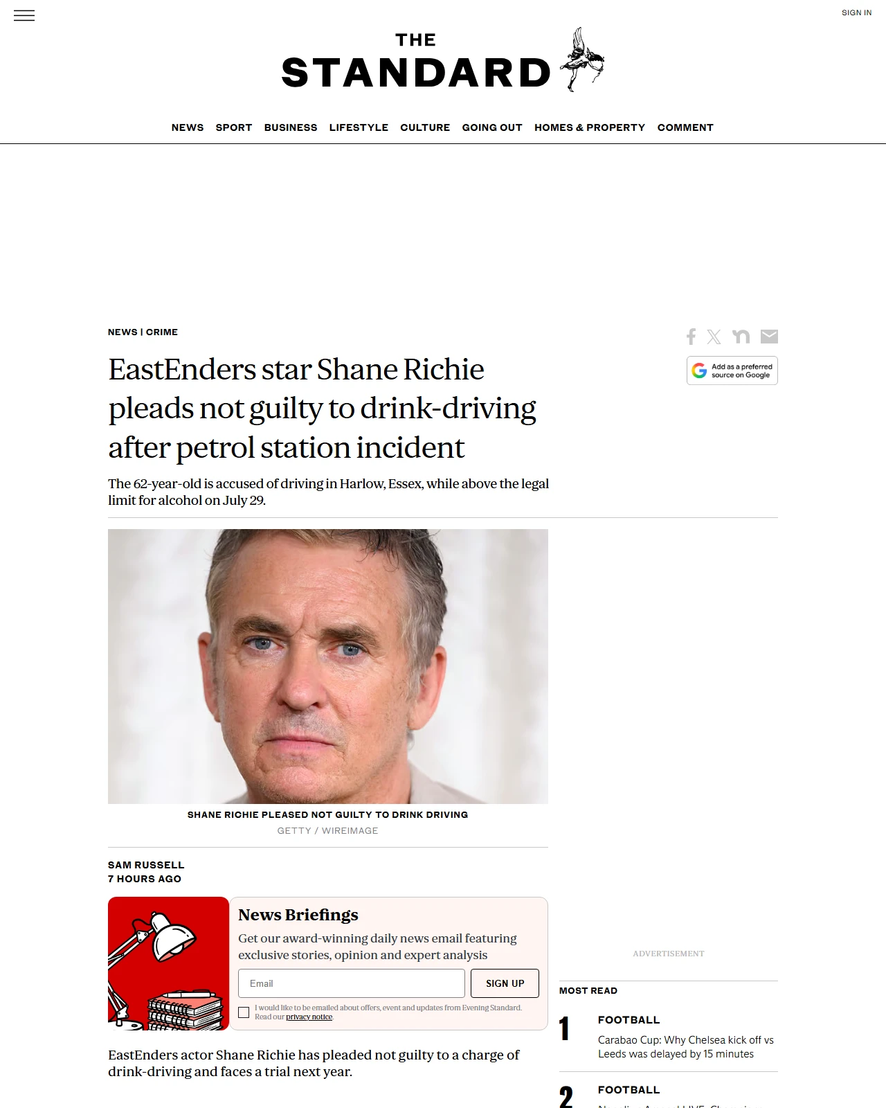 standard.co.uk as published: EastEnders star Shane Richie pleads not guilty to drink-driving