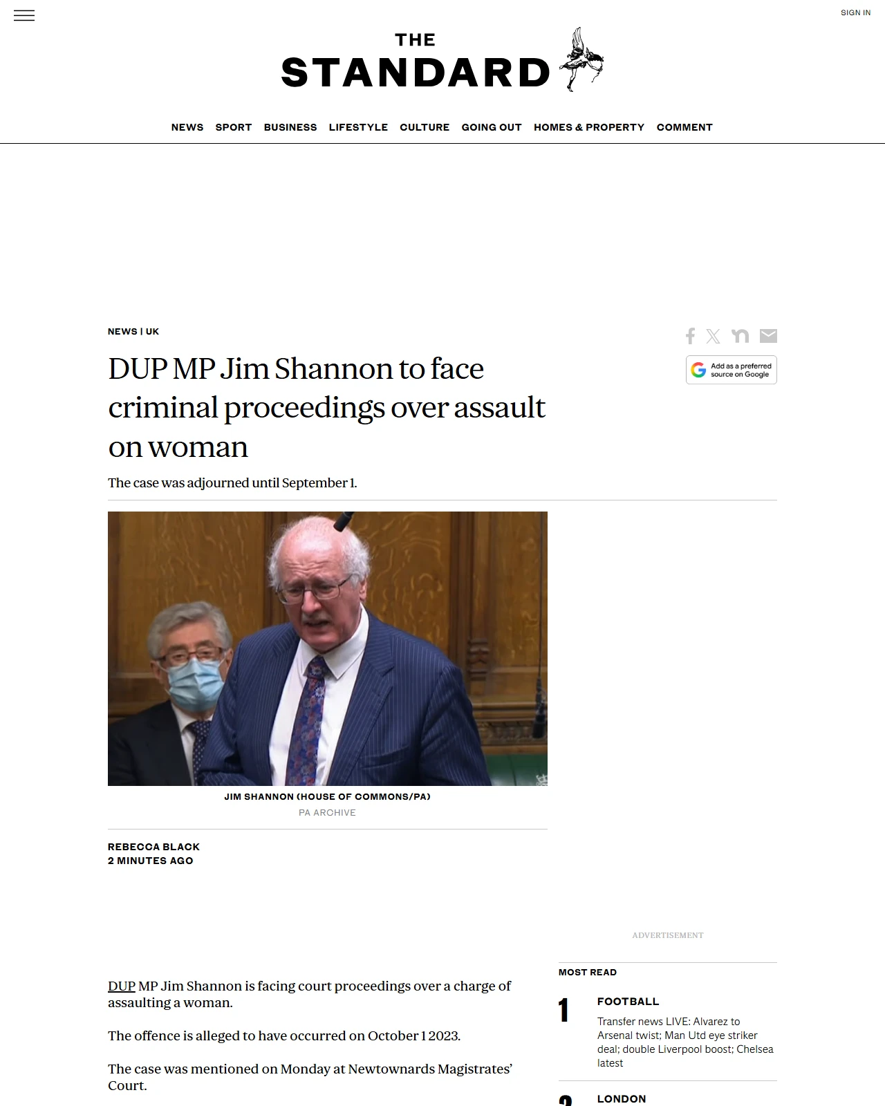 standard.co.uk as published: DUP MP Jim Shannon to face criminal proceedings over assault on woman