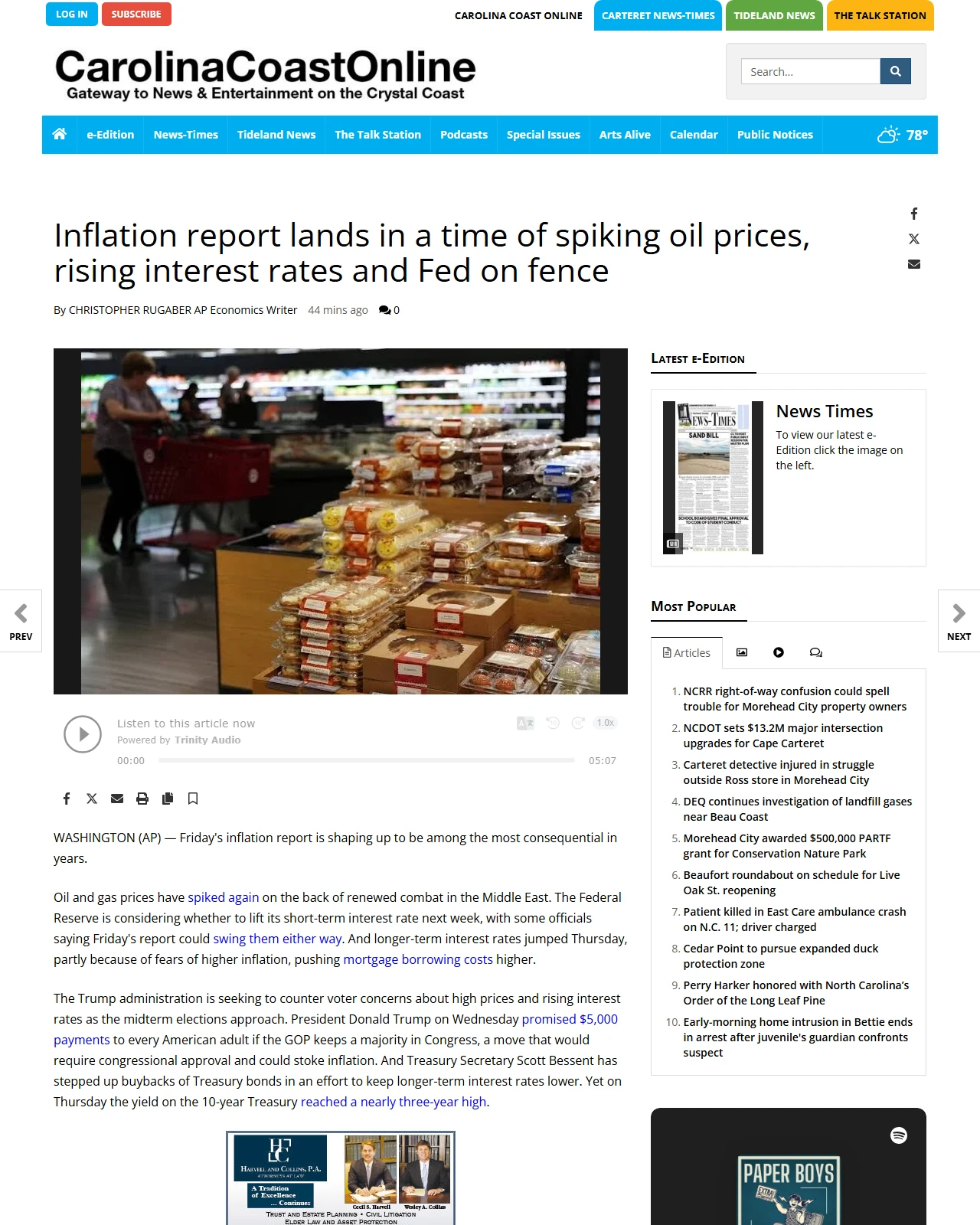 carolinacoastonline.com as published: Inflation report lands in a time of spiking oil prices, rising interest rates and Fed on fence