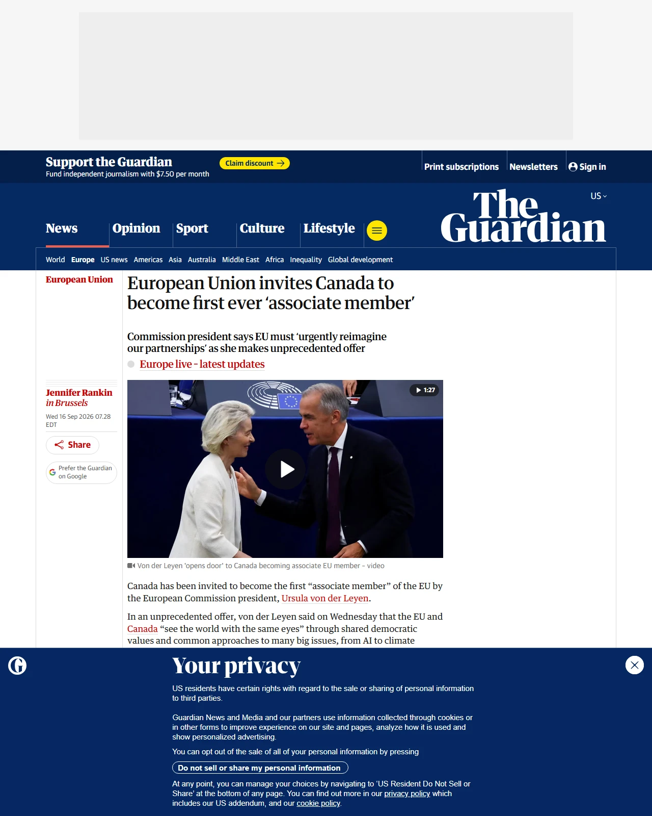 theguardian.com as published: European Union invites Canada to become first ever ‘associate member’