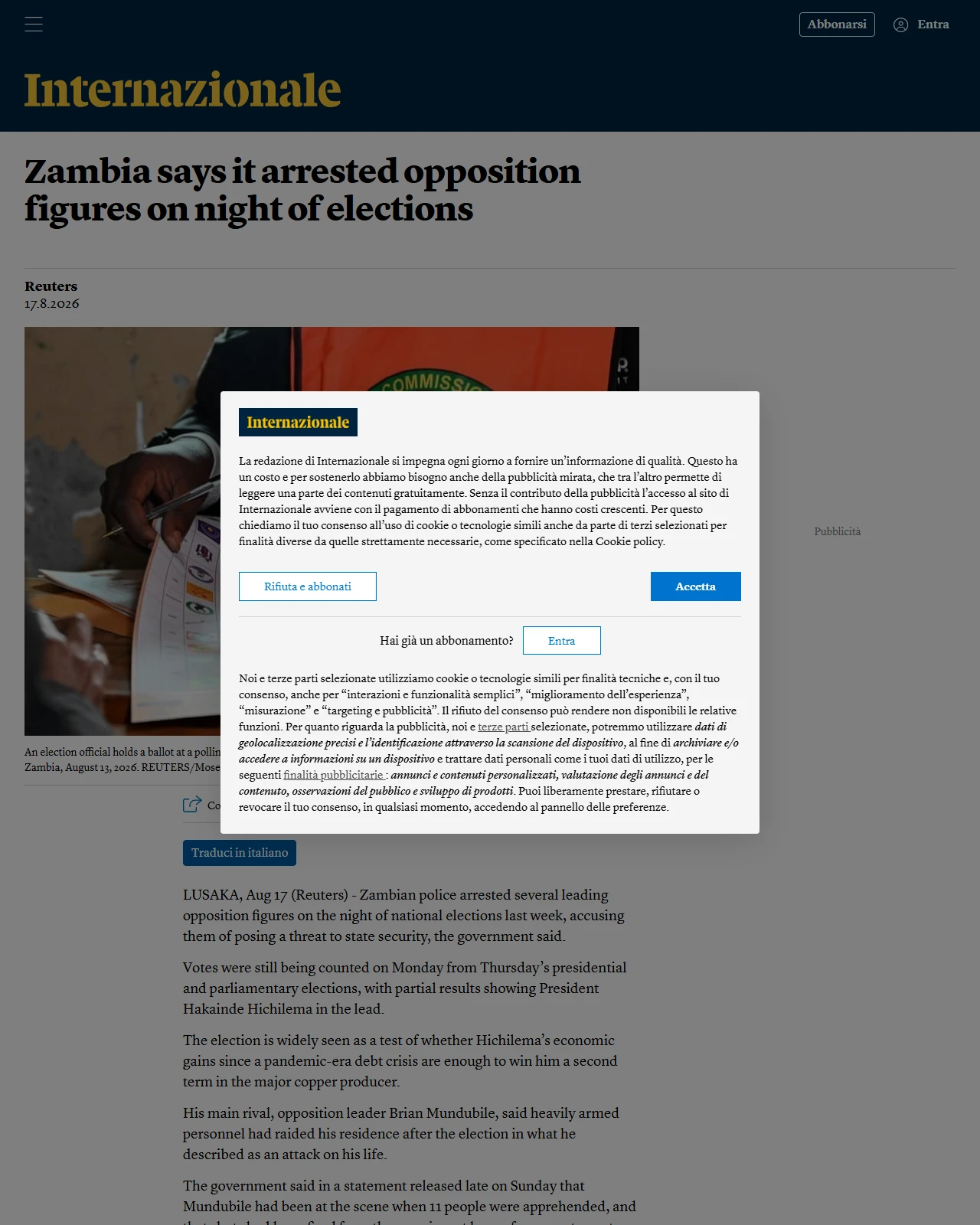 internazionale.it as published: Zambia says it arrested opposition figures on night of elections