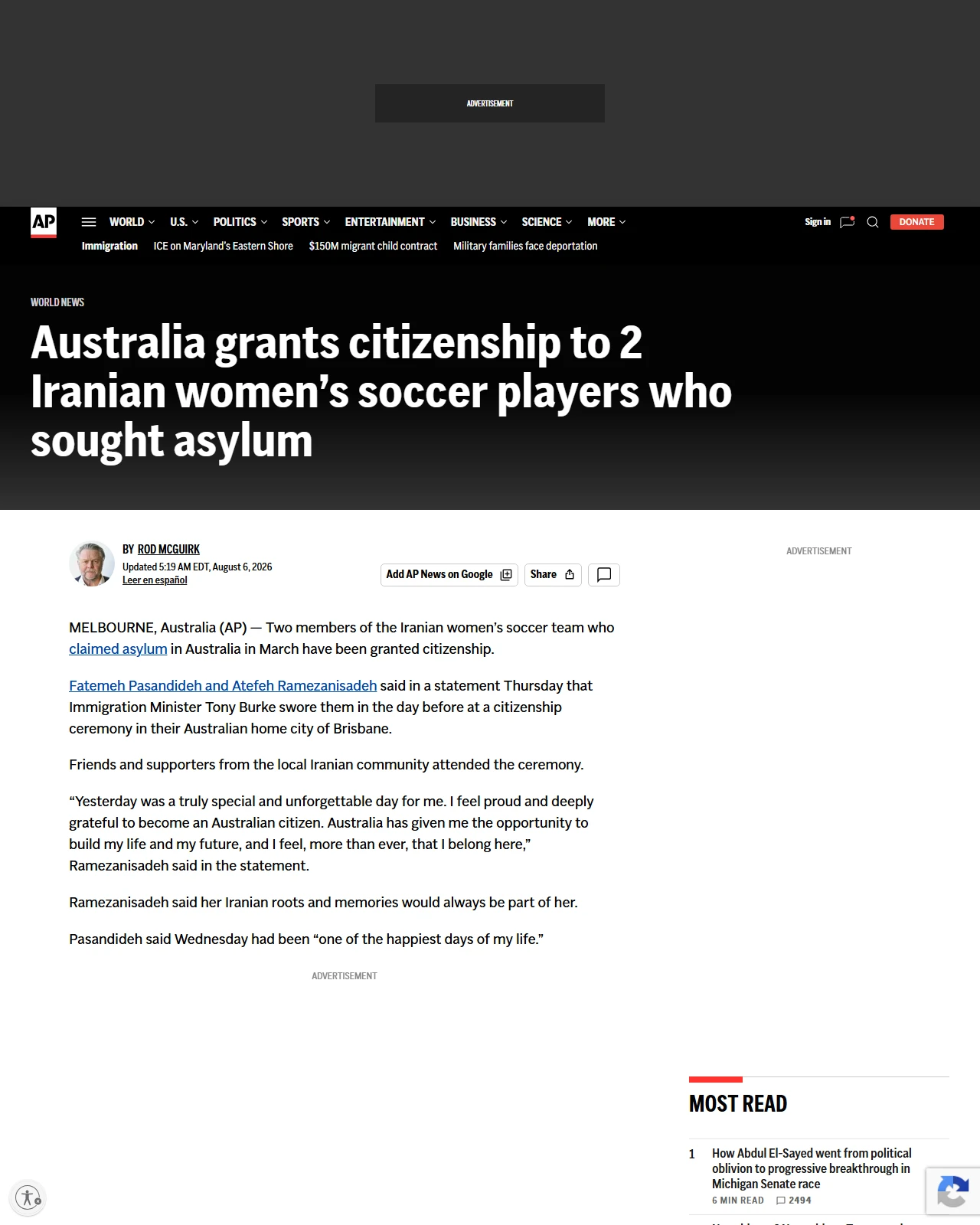 apnews.com as published: Australia grants citizenship to 2 Iranian women’s soccer players who sought asylum