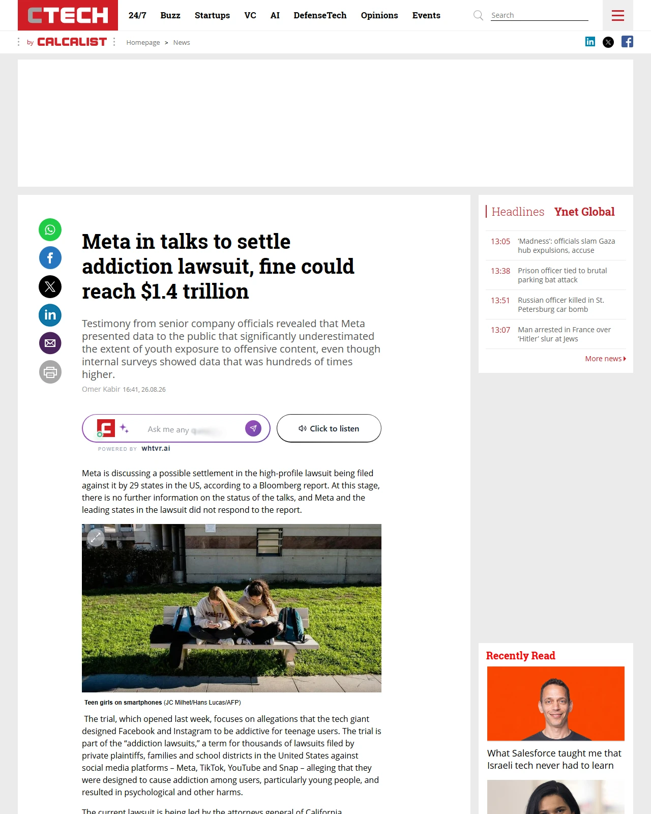 calcalistech.com as published: Meta in talks to settle addiction lawsuit, fine could reach $1.4 trillion