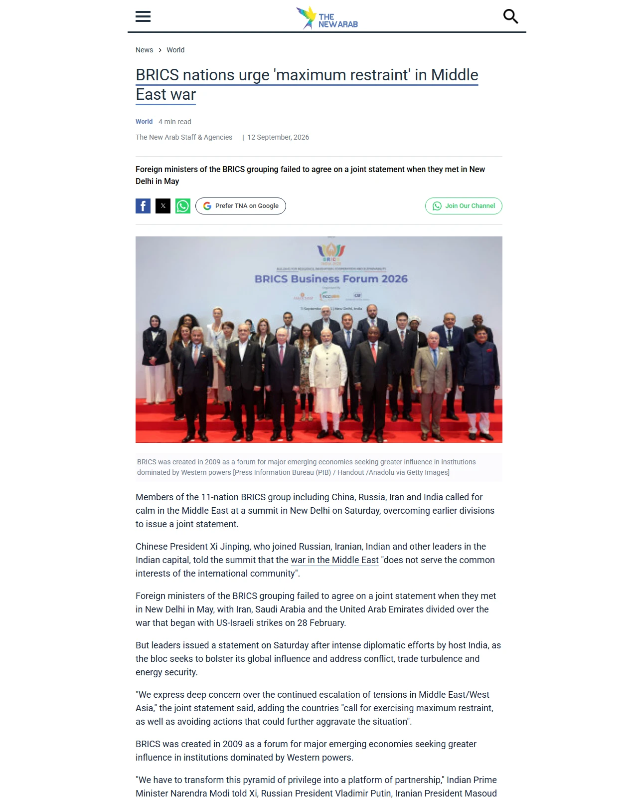 newarab.com as published: BRICS nations urge 'maximum restraint' in Middle East war
