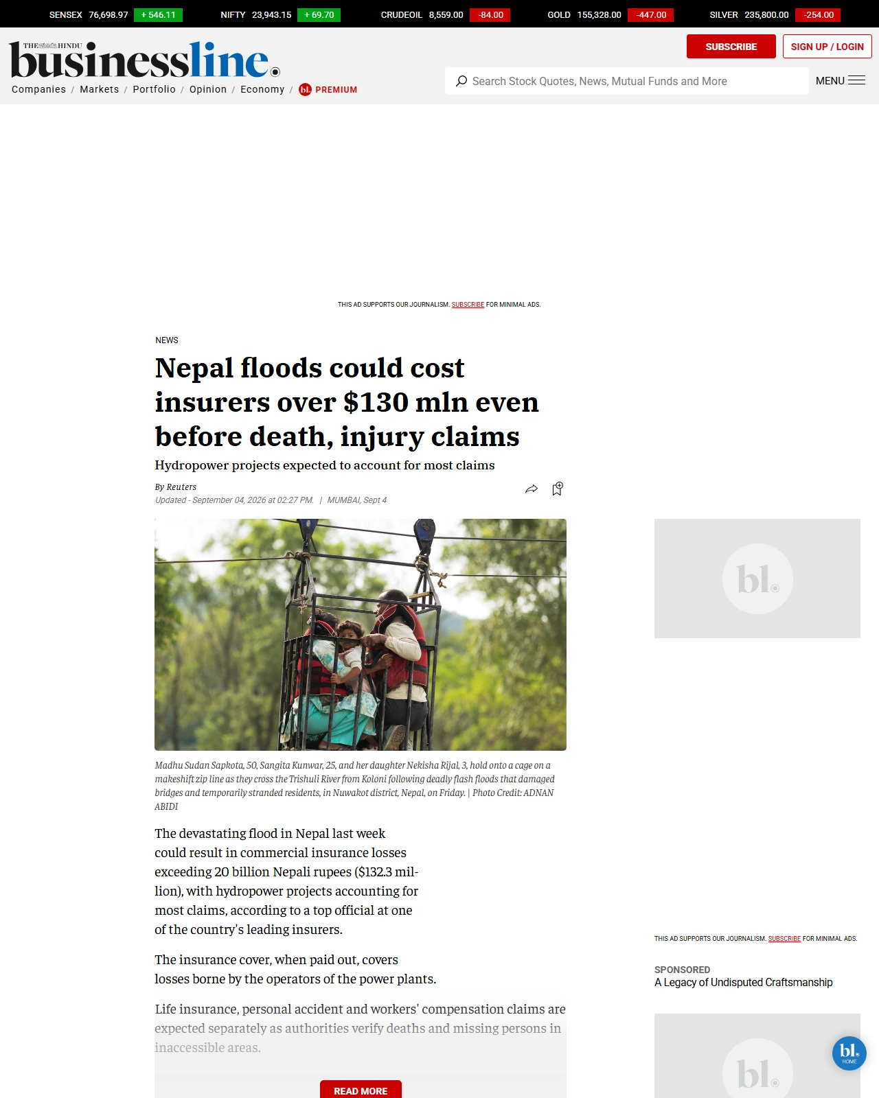thehindubusinessline.com as published: Nepal floods could cost insurers over $130 mln even before death, injury claims