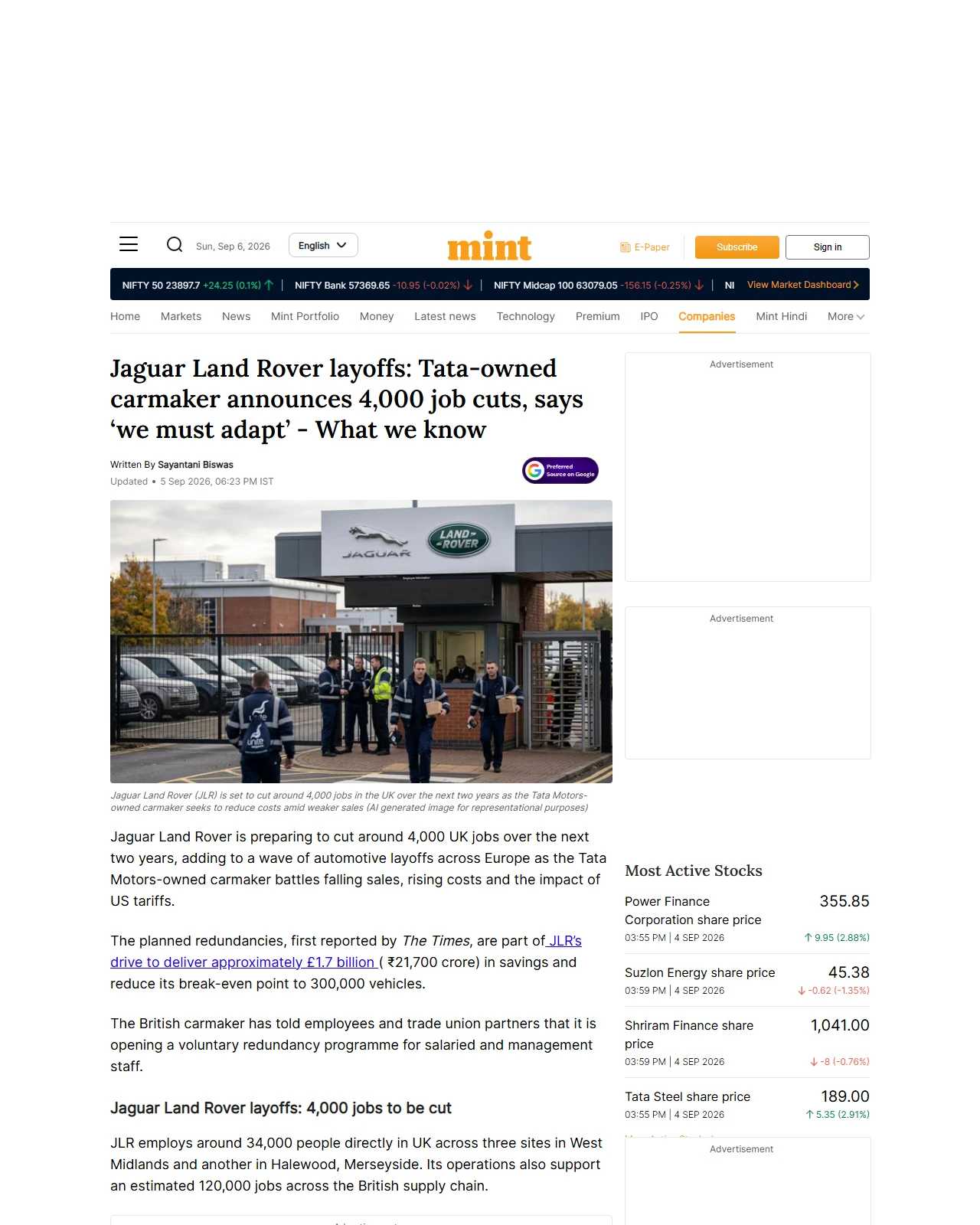 livemint.com as published: Jaguar Land Rover layoffs: Tata-owned carmaker announces 4,000 job cuts, says ‘we must adapt’ - What we know