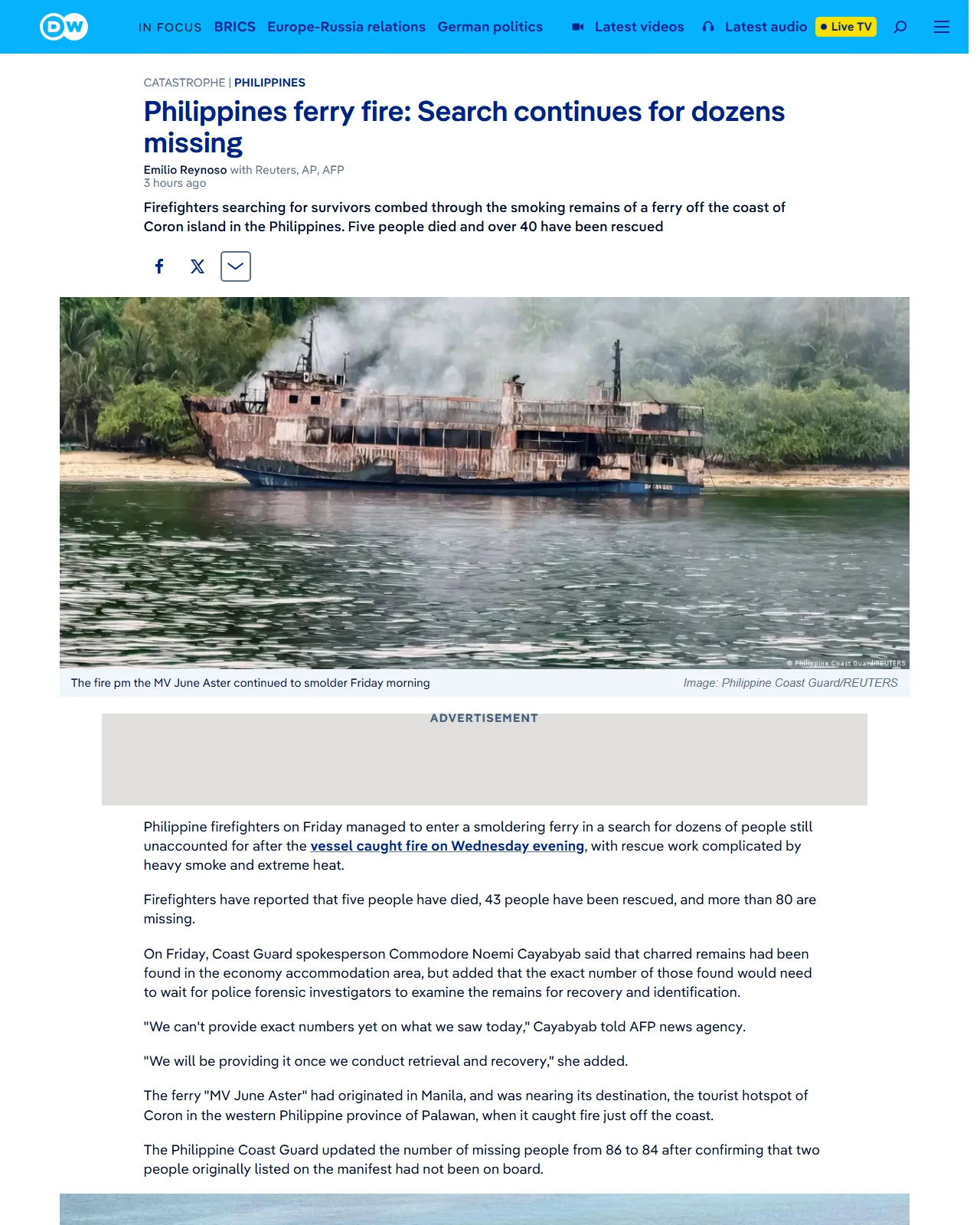 dw.com as published: Philippines ferry fire: Search continues for dozens missing