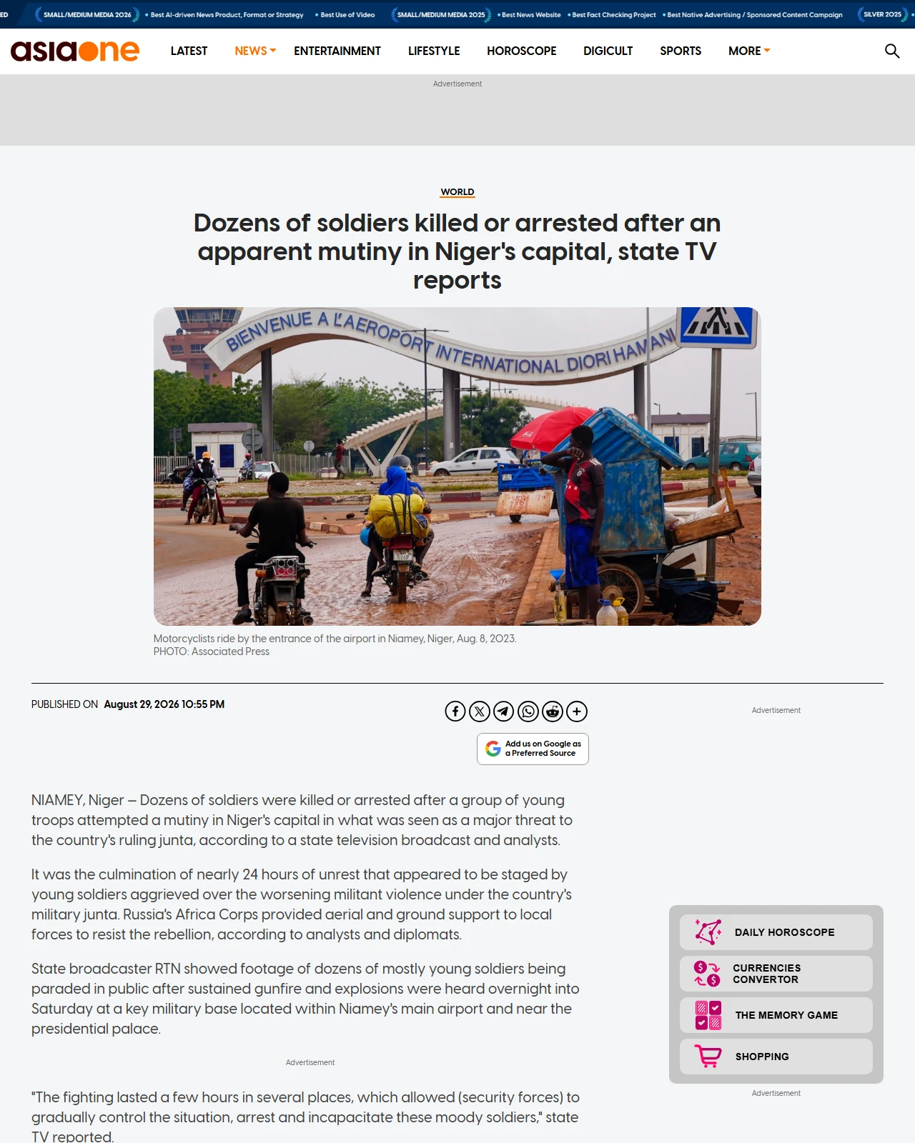 asiaone.com as published: Dozens of soldiers killed or arrested after an apparent mutiny in Niger's capital, state TV reports