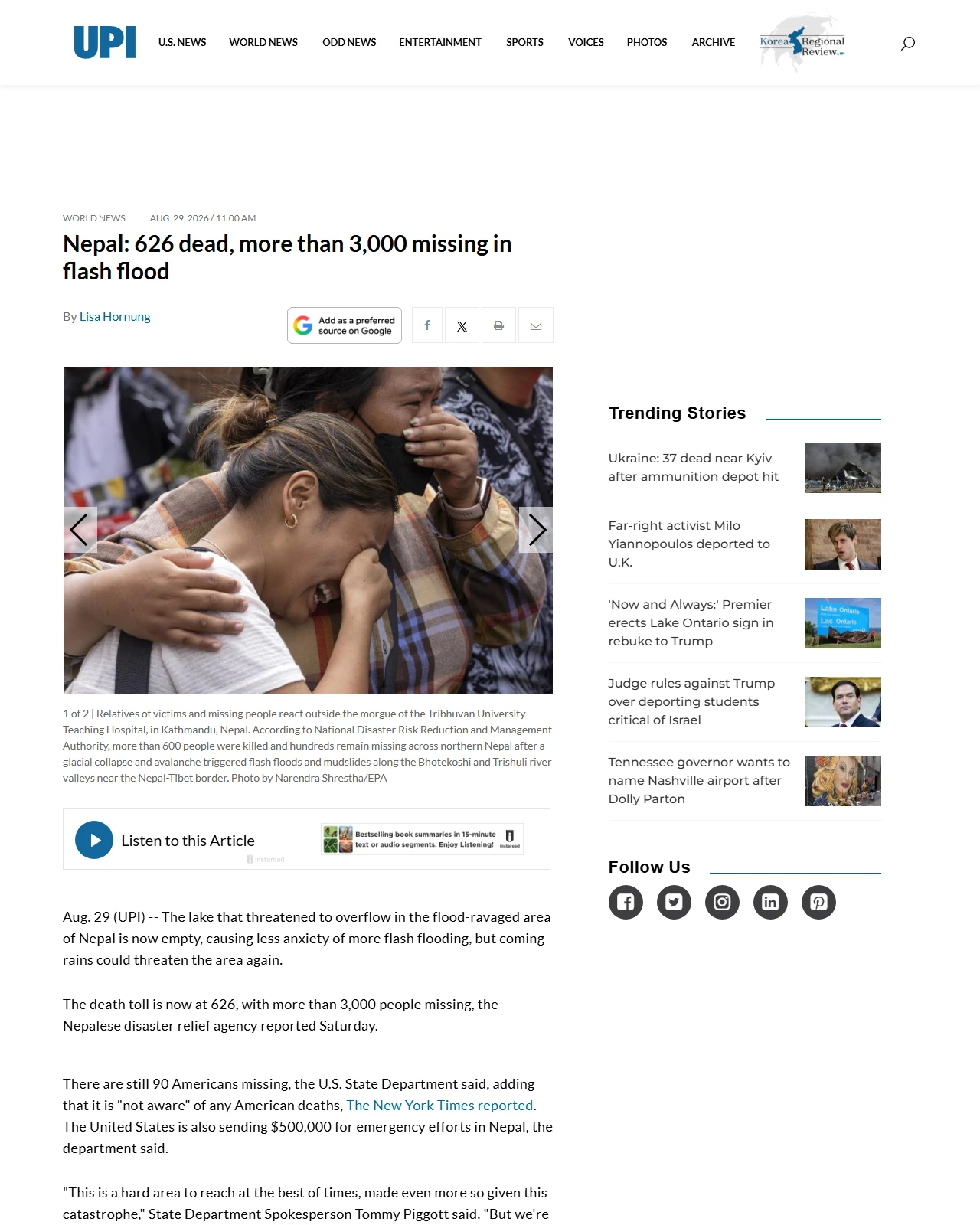 upi.com as published: Nepal: 626 dead, more than 3,000 missing in flash flood