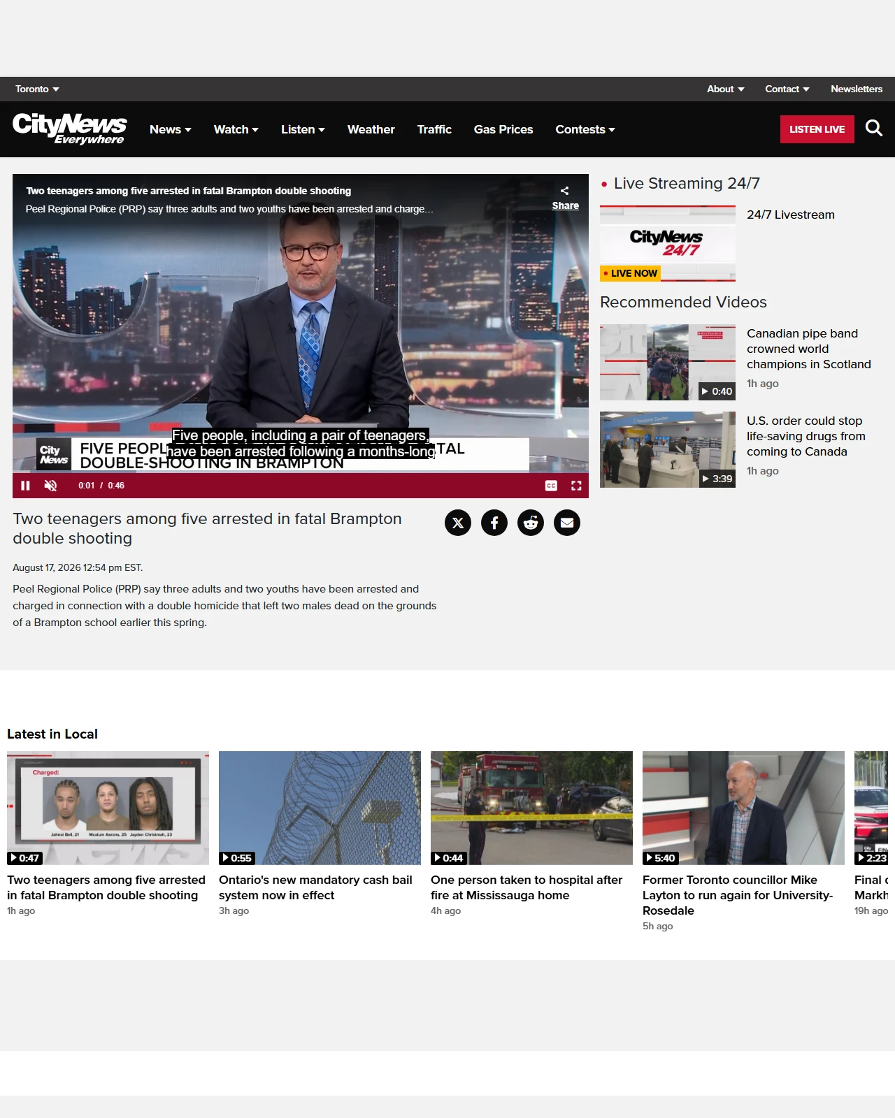 toronto.citynews.ca as published: Two teenagers among five arrested in fatal Brampton double shooting