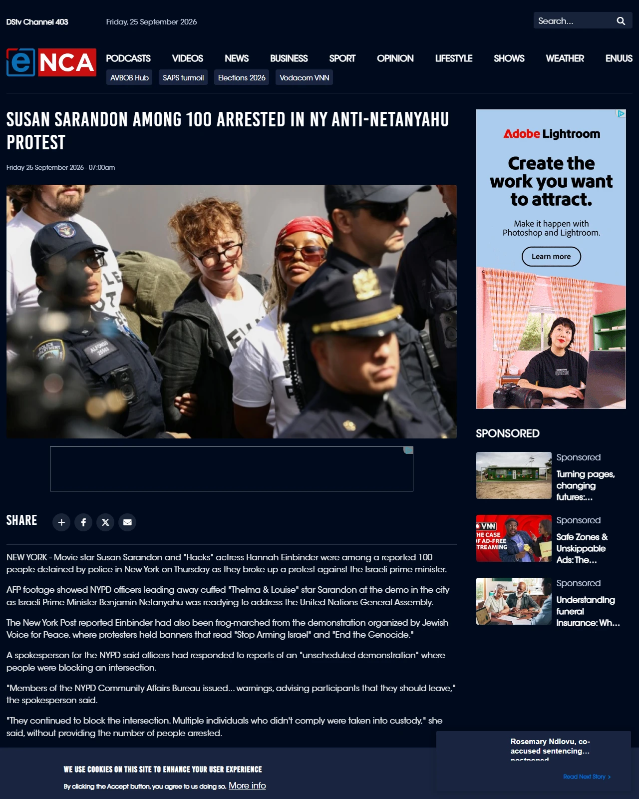 enca.com as published: Susan Sarandon among 100 arrested in NY anti-Netanyahu protest