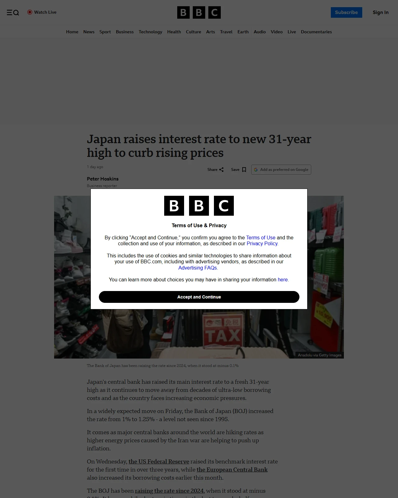 bbc.com as published: Japan raises interest rate to new 31-year high to curb rising prices