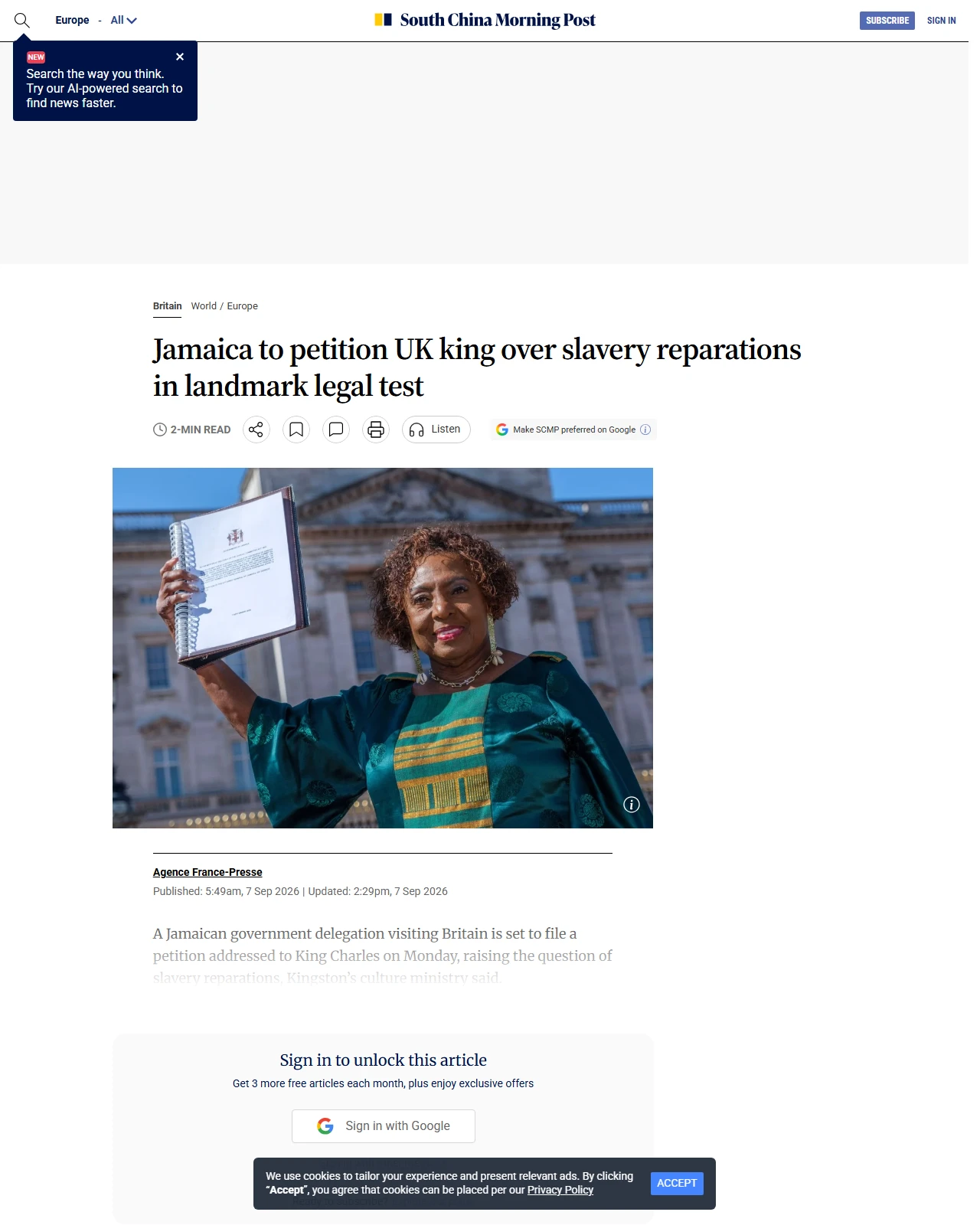 scmp.com as published: Jamaica to petition UK king over slavery reparations in landmark legal test