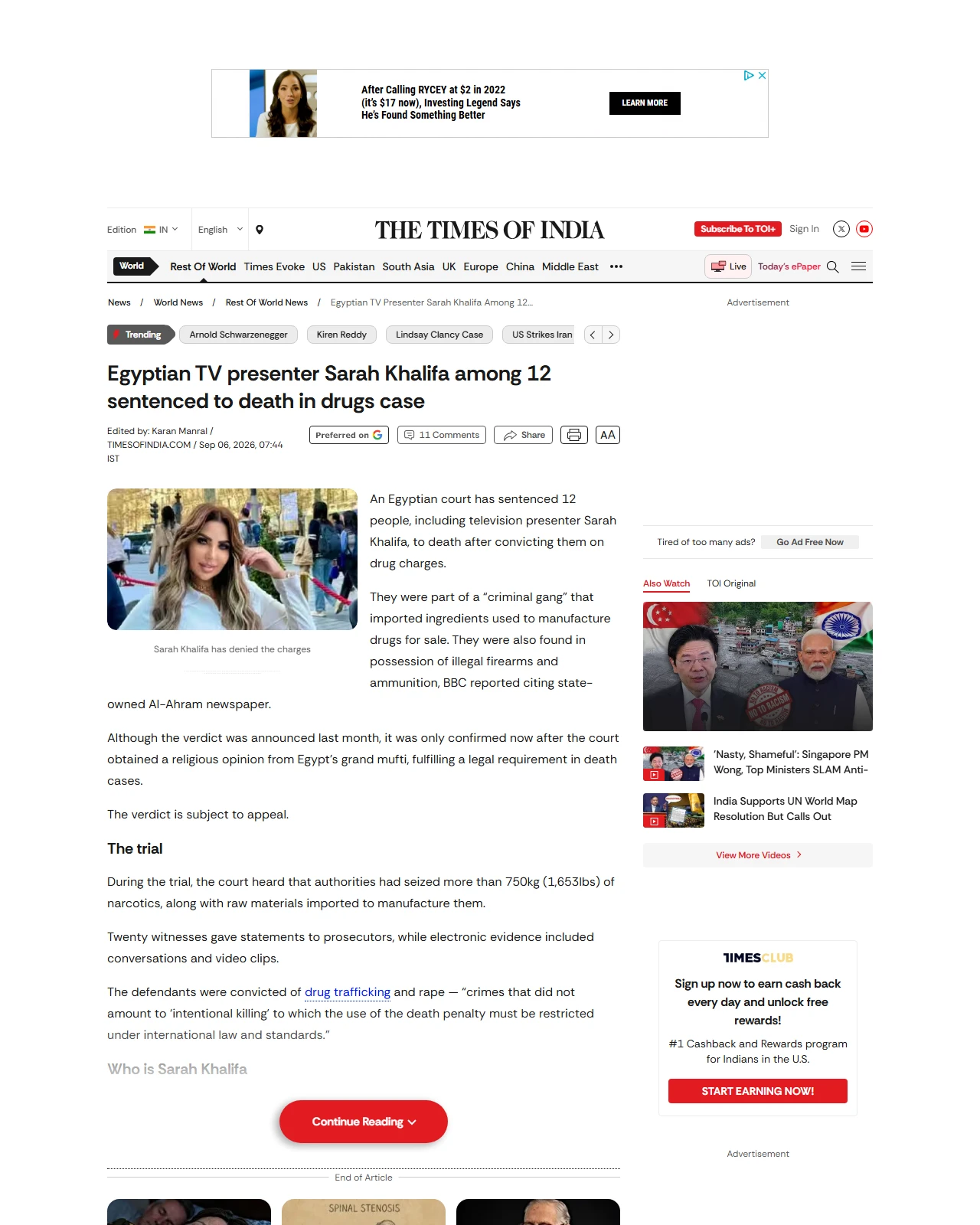 timesofindia.indiatimes.com as published: Egyptian TV presenter Sarah Khalifa among 12 sentenced to death in drugs case