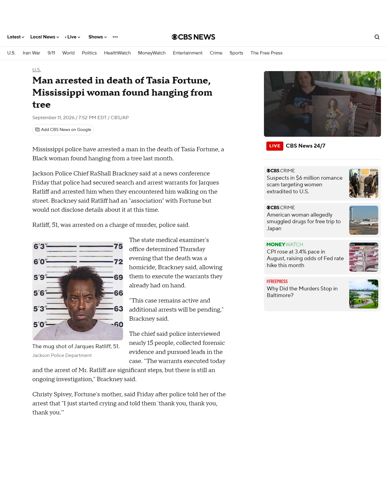 cbsnews.com as published: Man arrested in death of Tasia Fortune, Mississippi woman found hanging from tree