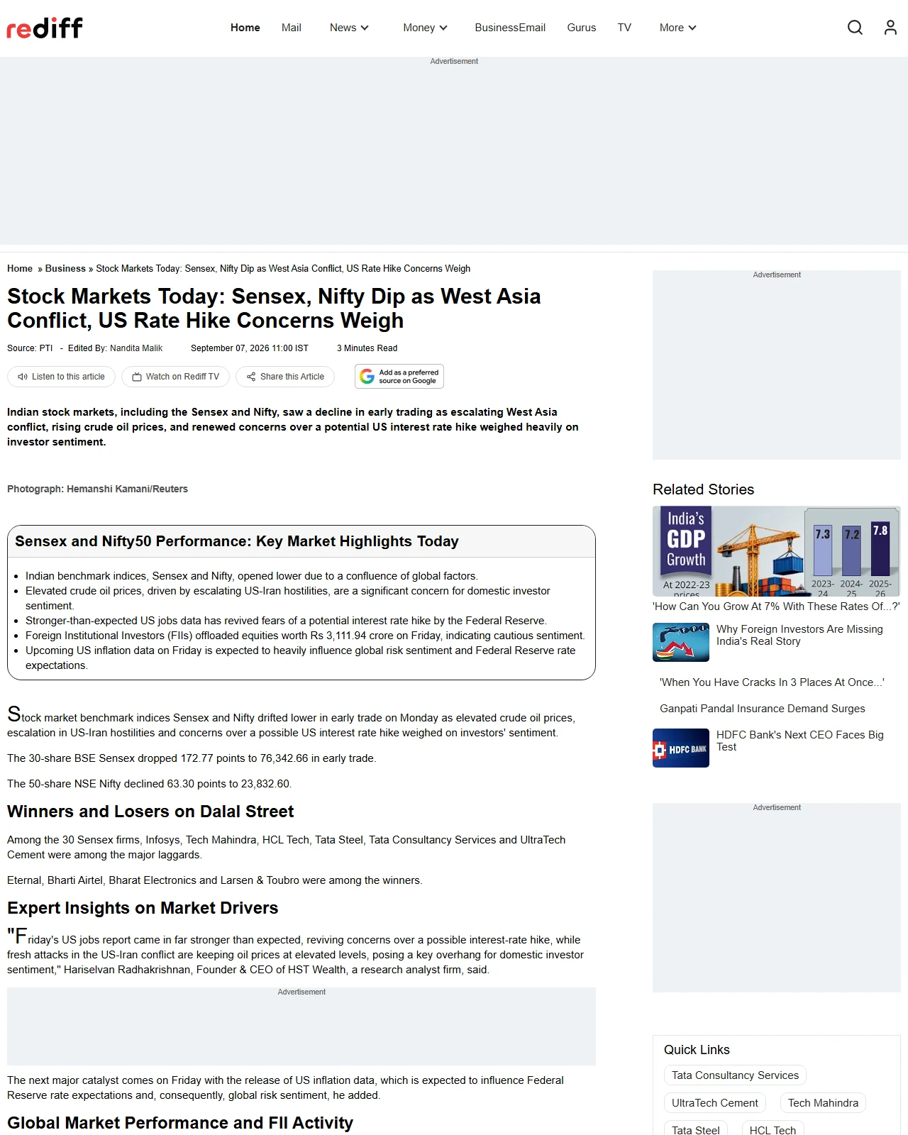 rediff.com as published: Stock Markets Today: Sensex, Nifty Dip as West Asia Conflict, US Rate Hike Concerns Weigh