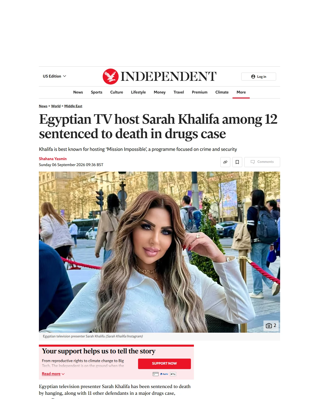 independent.co.uk as published: Egyptian TV host Sarah Khalifa among 12 sentenced to death in drugs case