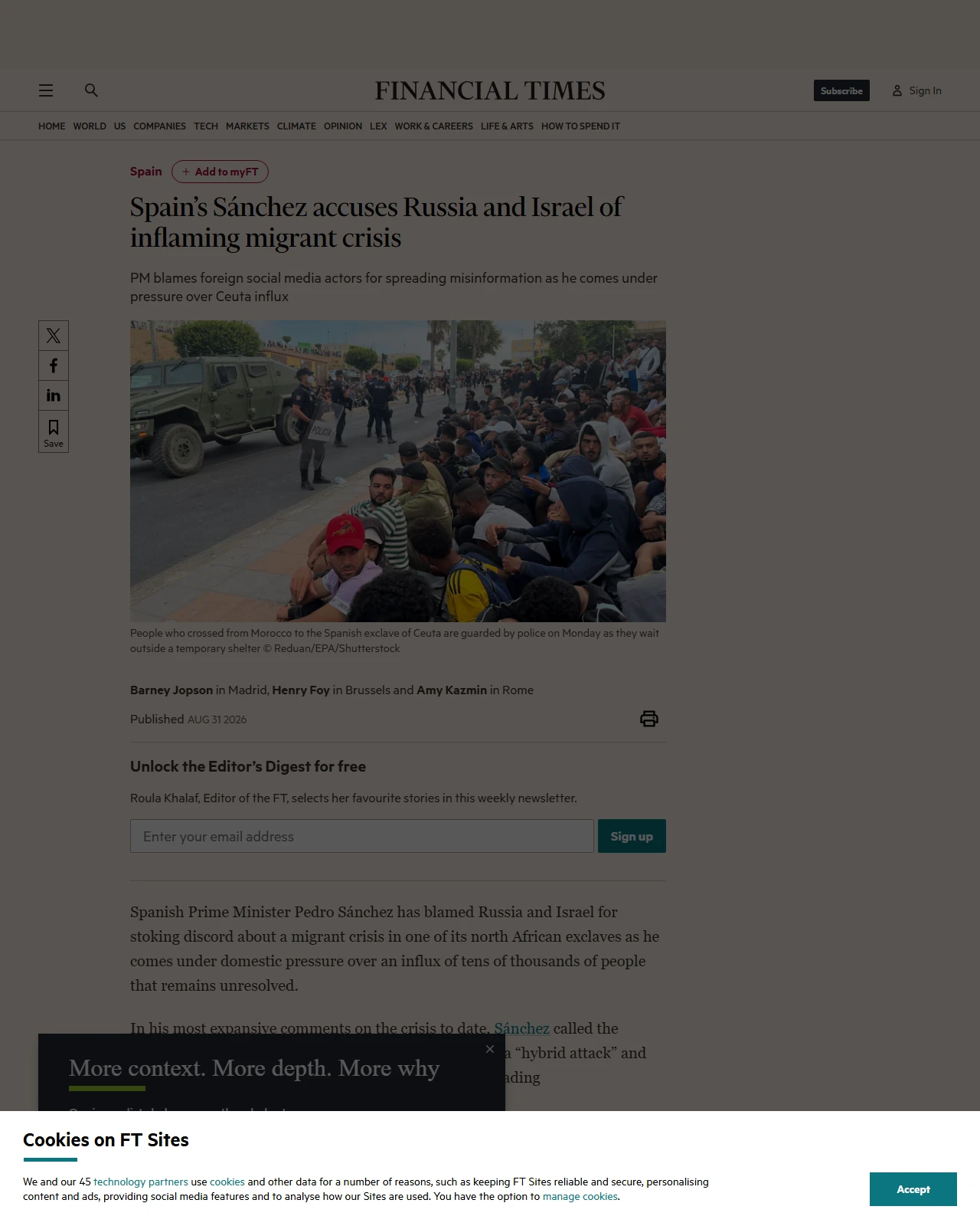 ft.com as published: Spain’s Sánchez accuses Russia and Israel of inflaming migrant crisis
