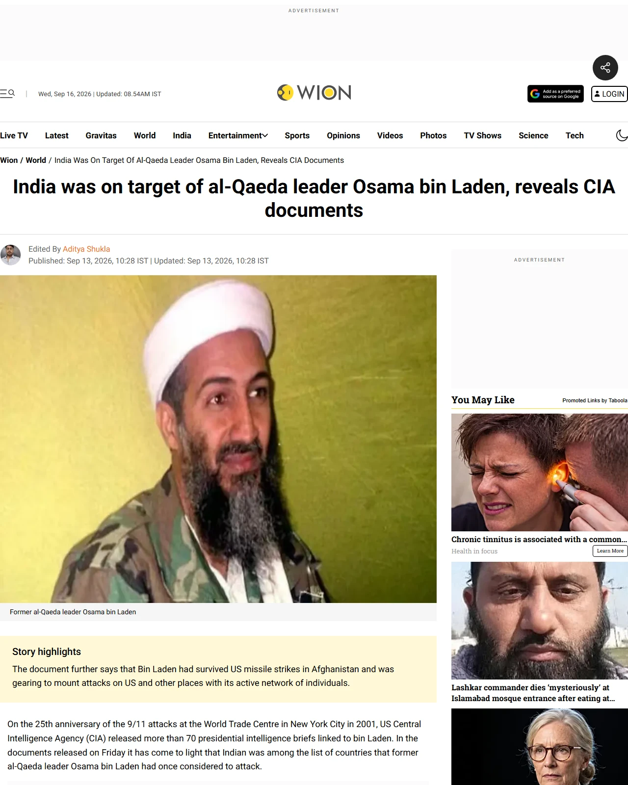 wionews.com as published: India was on target of al-Qaeda leader Osama bin Laden, reveals CIA documents