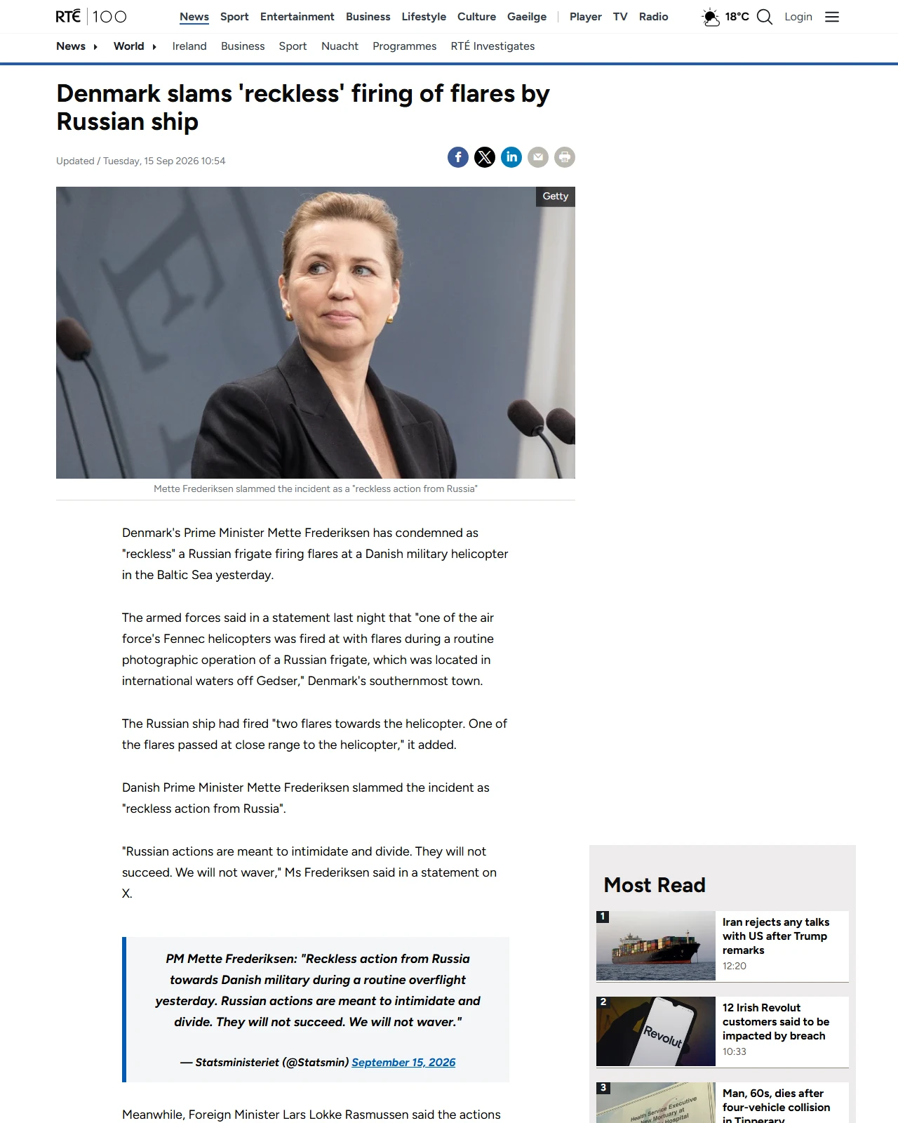 rte.ie as published: Denmark slams 'reckless' firing of flares by Russian ship