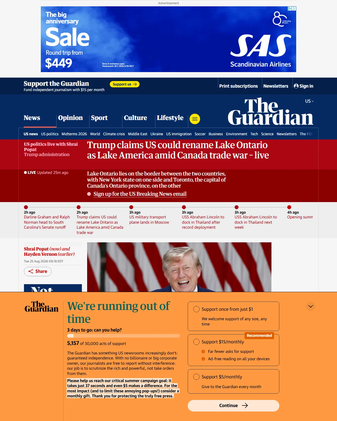theguardian.com as published: Trump claims US could rename Lake Ontario as Lake America amid Canada trade war – live