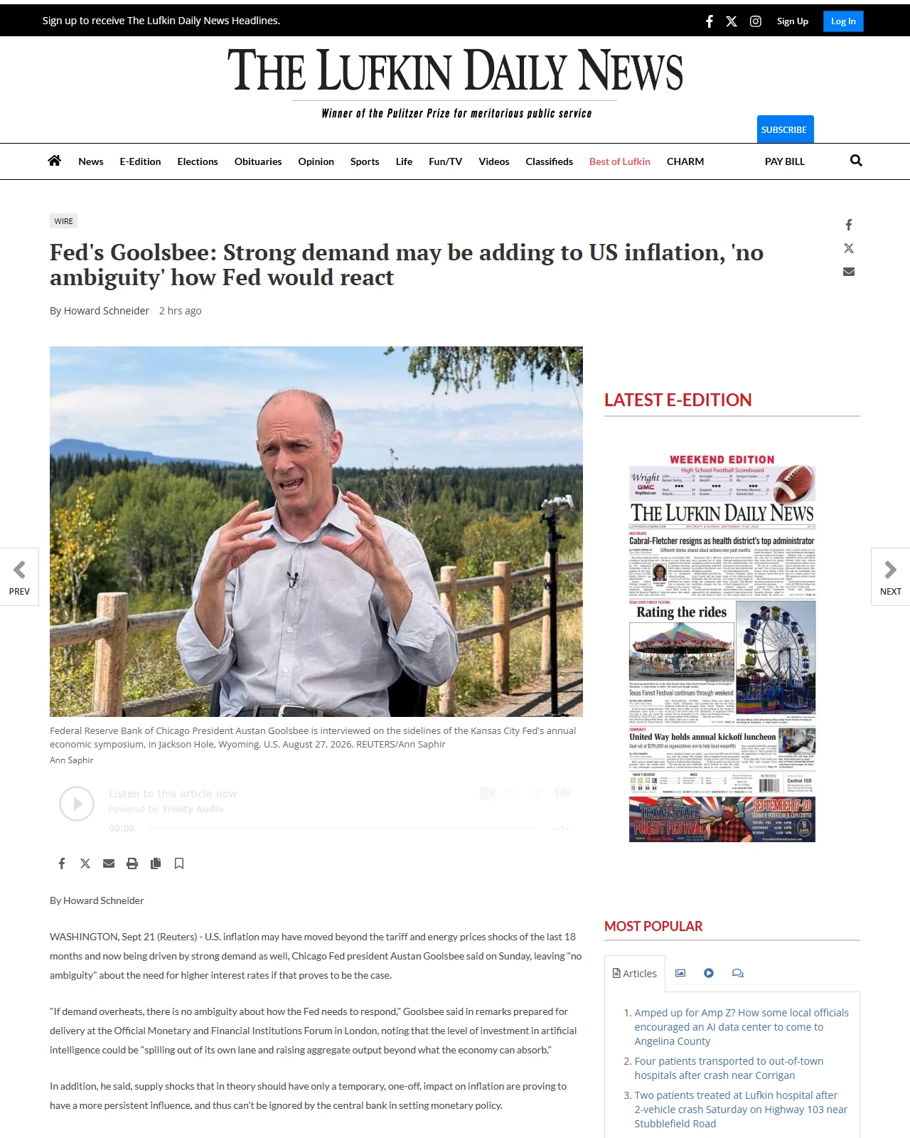 lufkindailynews.com as published: Fed's Goolsbee: Strong demand may be adding to US inflation, 'no ambiguity' how Fed would react
