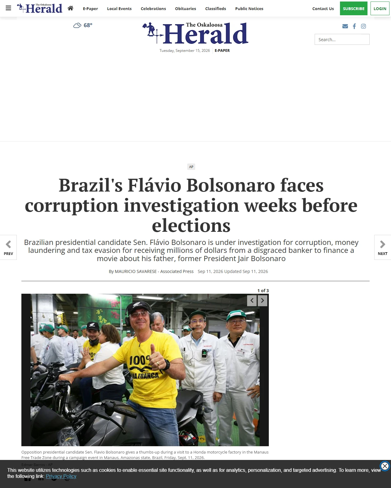 oskaloosa.com as published: Brazil's Flávio Bolsonaro investigated over payments from disgraced banker
