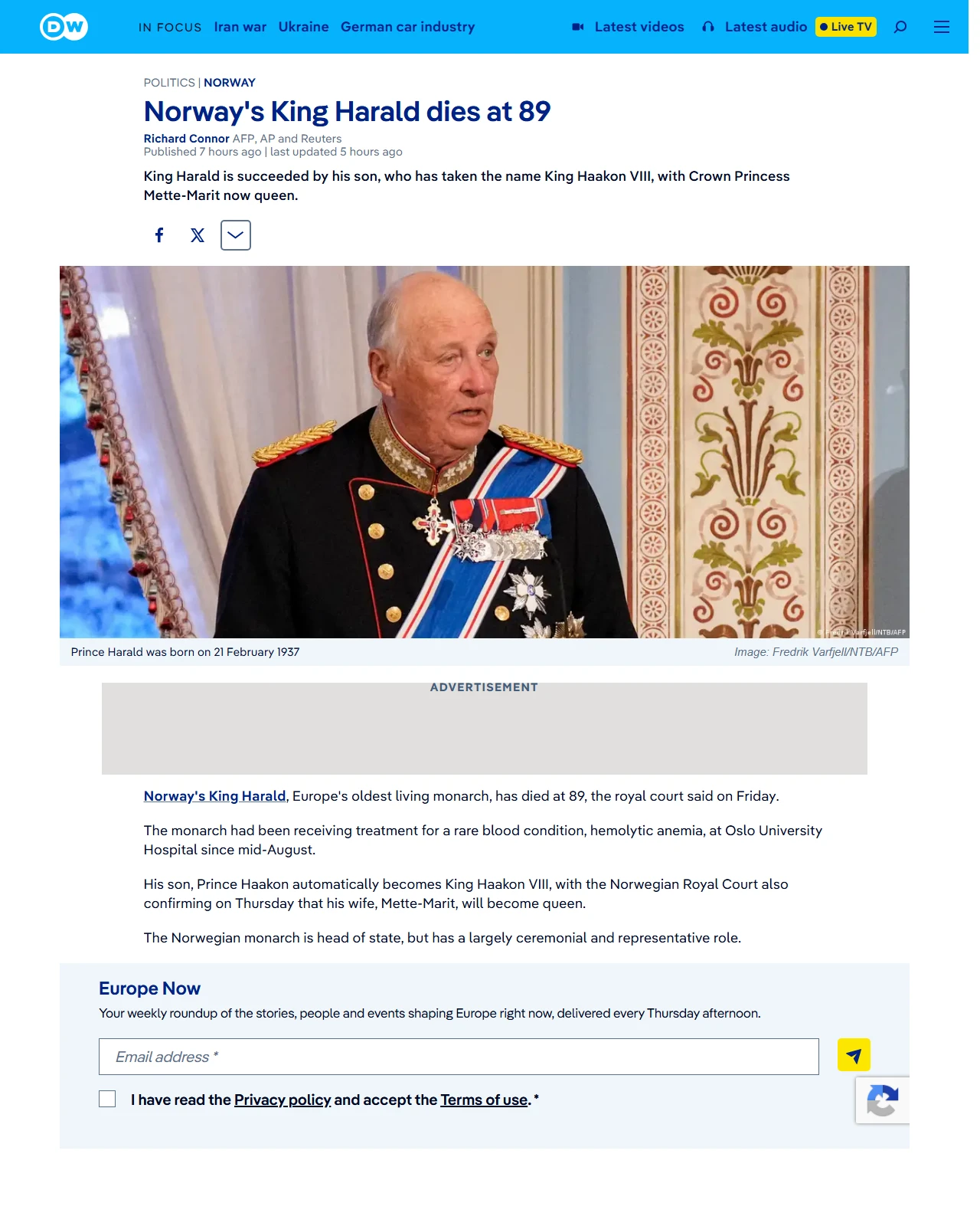 dw.com as published: Norway's King Harald dies at 89