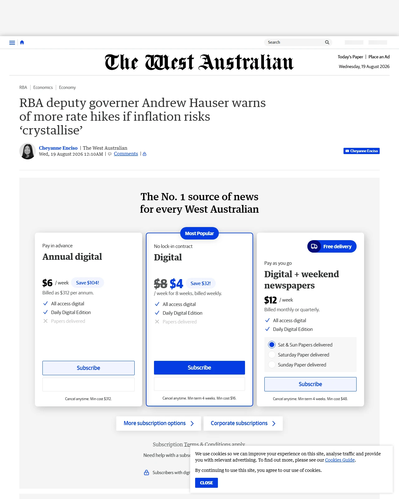 thewest.com.au as published: RBA warns of more rate pain if inflation risks ‘crystallise’