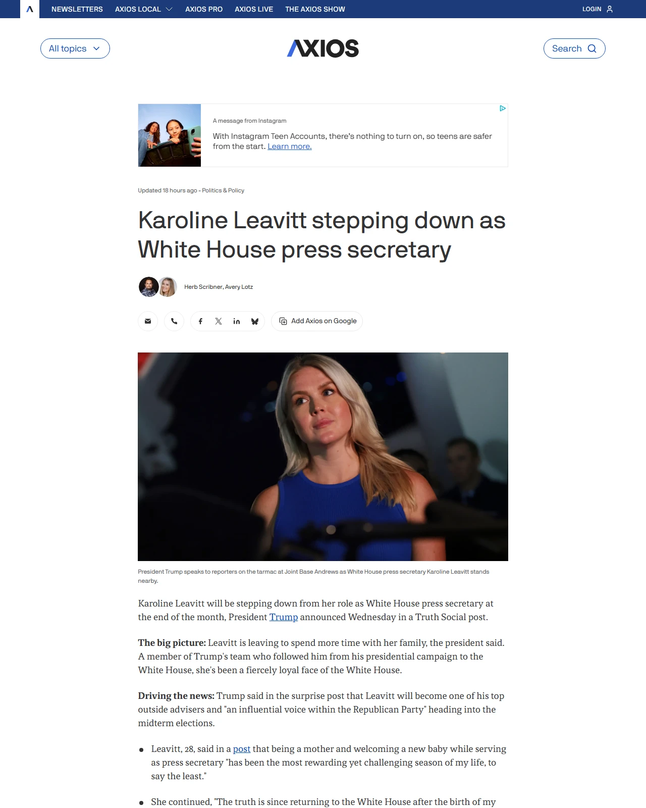 axios.com as published: Karoline Leavitt stepping down as White House press secretary