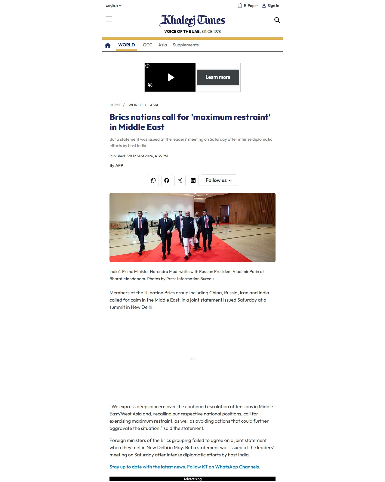 khaleejtimes.com as published: Brics nations call for 'maximum restraint' in Middle East