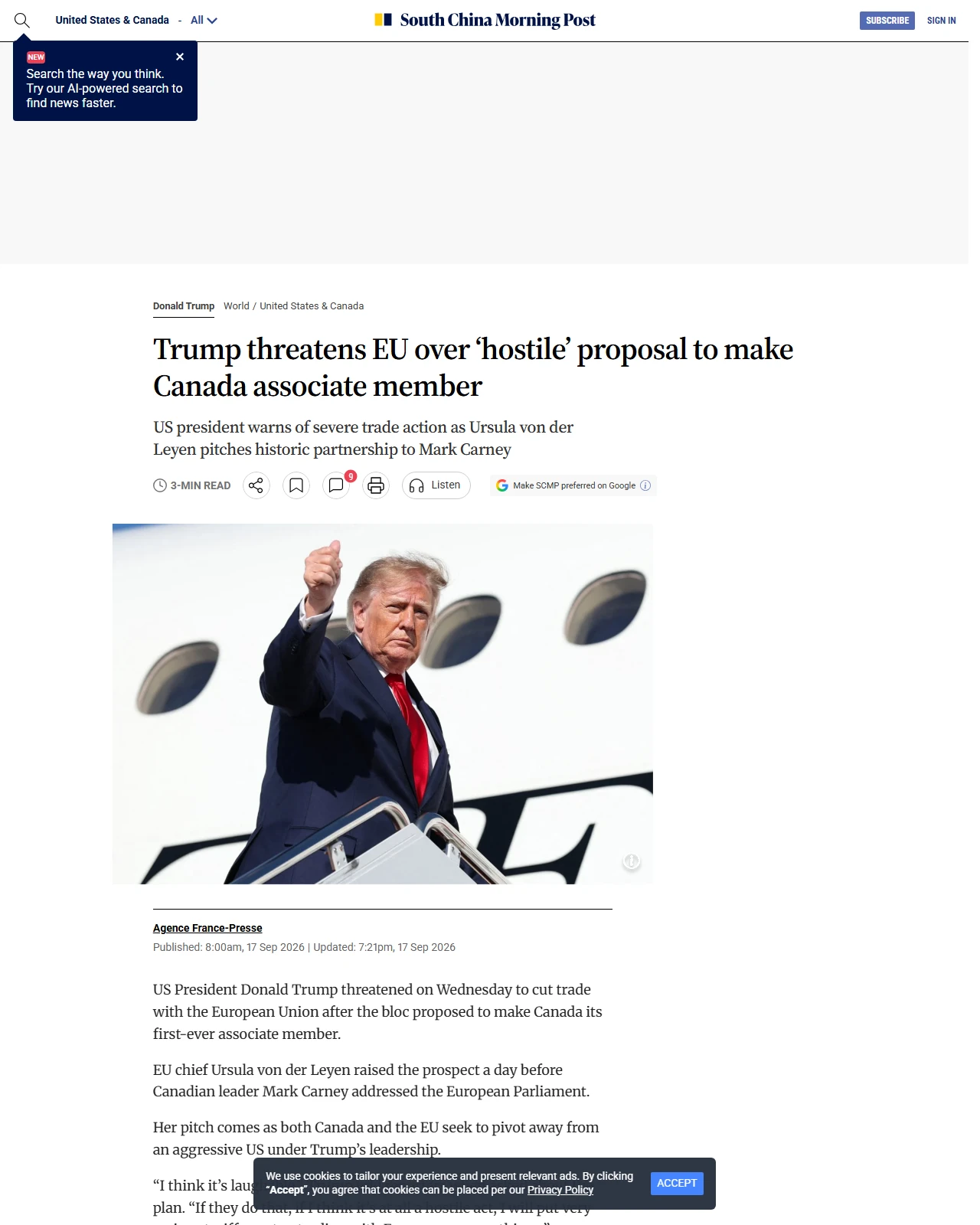 scmp.com as published: Trump threatens EU over ‘hostile’ proposal to make Canada associate member
