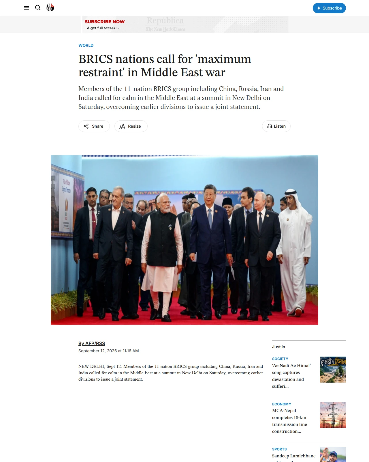 myrepublica.nagariknetwork.com as published: BRICS nations call for 'maximum restraint' in Middle East war