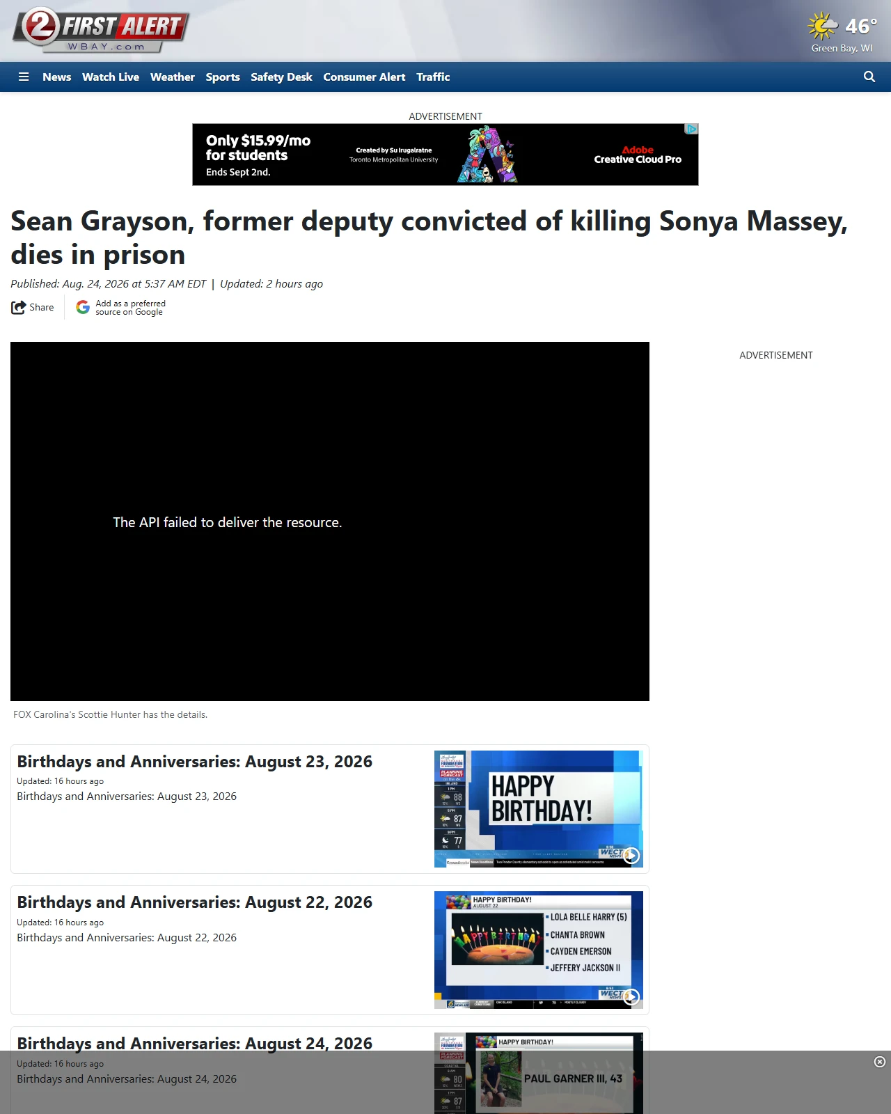 wbay.com as published: Sean Grayson, former deputy convicted of killing Sonya Massey, dies in prison