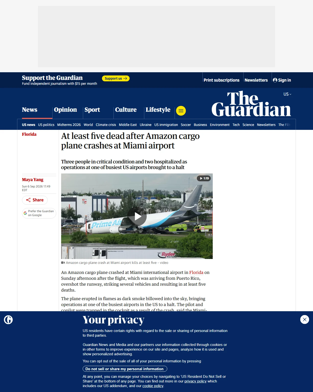 theguardian.com as published: At least five dead after Amazon cargo plane crashes at Miami airport