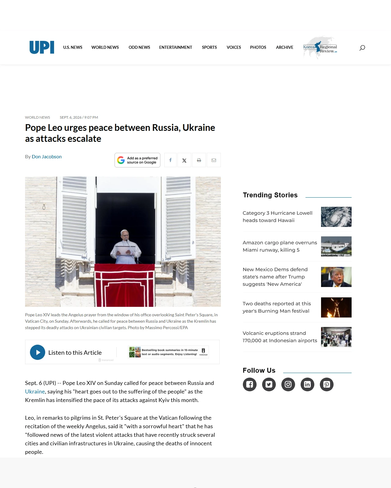 upi.com as published: Pope Leo urges peace between Russia, Ukraine as attacks escalate