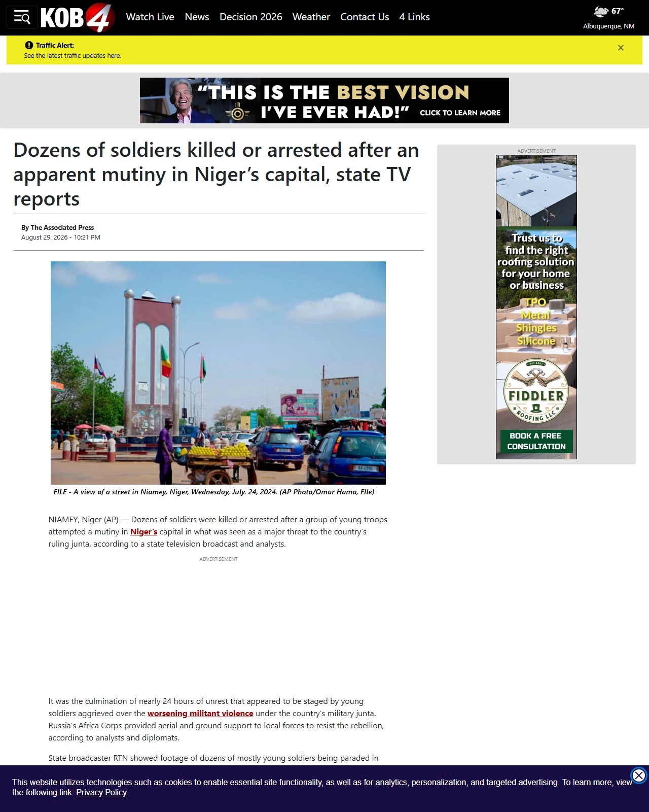kob.com as published: Dozens of soldiers killed or arrested after an apparent mutiny in Niger’s capital, state TV reports