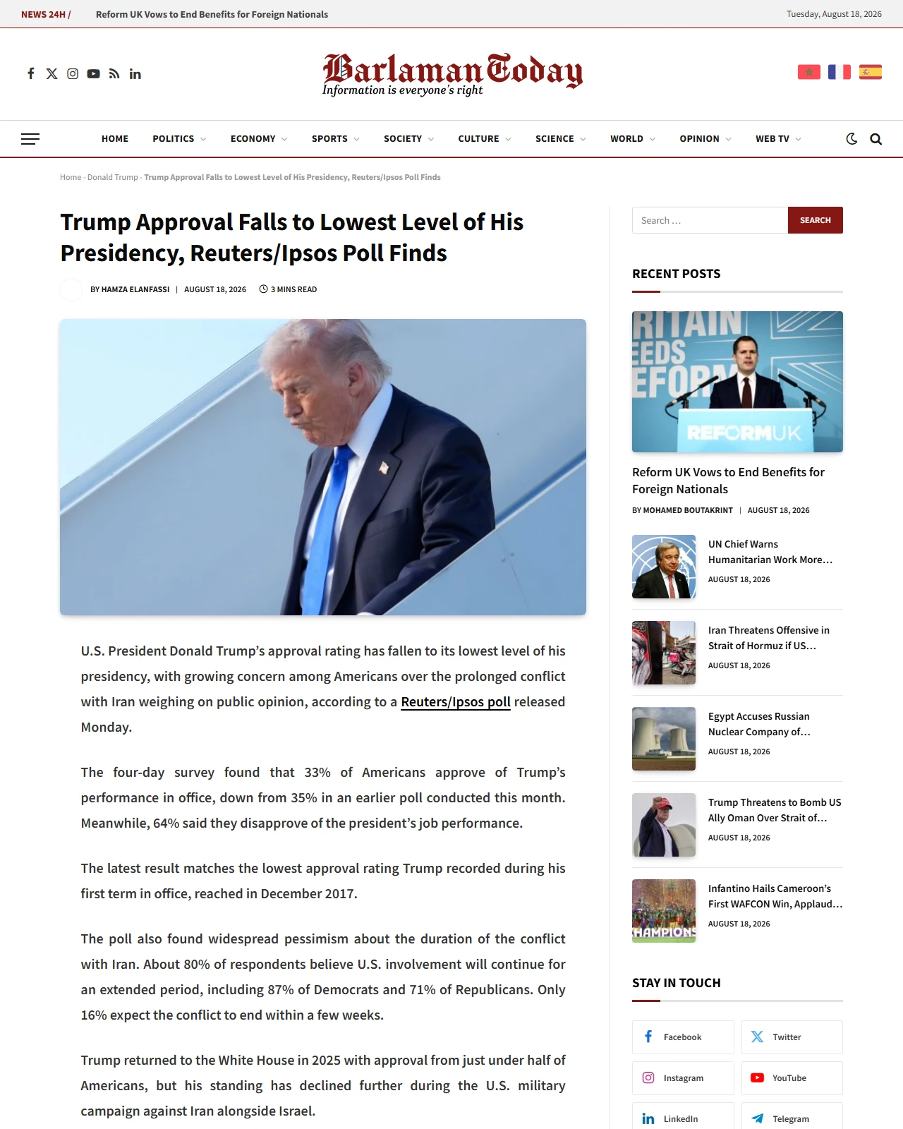 barlamantoday.com as published: Trump Approval Falls to Lowest Level of His Presidency, Reuters/Ipsos Poll Finds