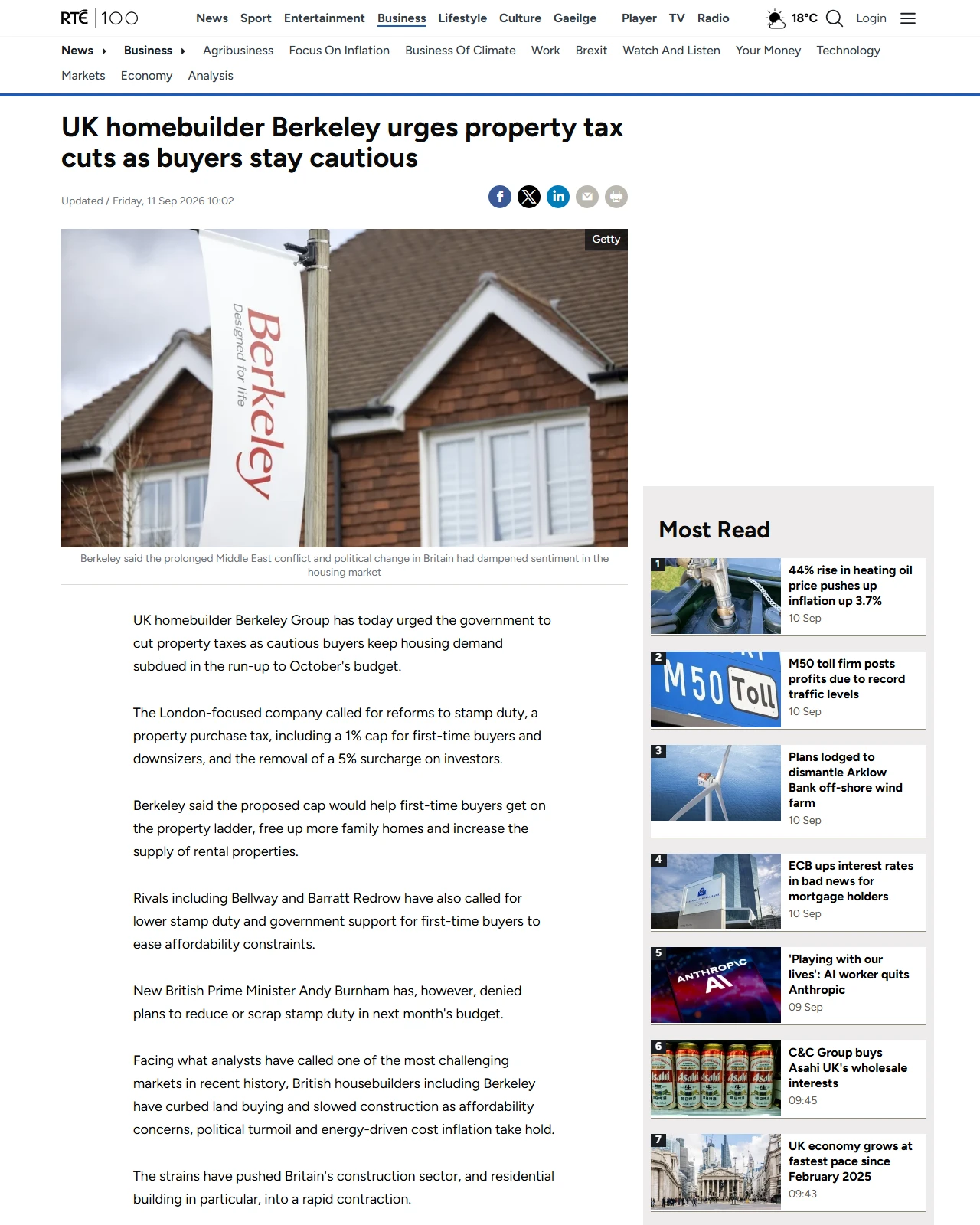rte.ie as published: UK homebuilder Berkeley urges property tax cuts as buyers stay cautious