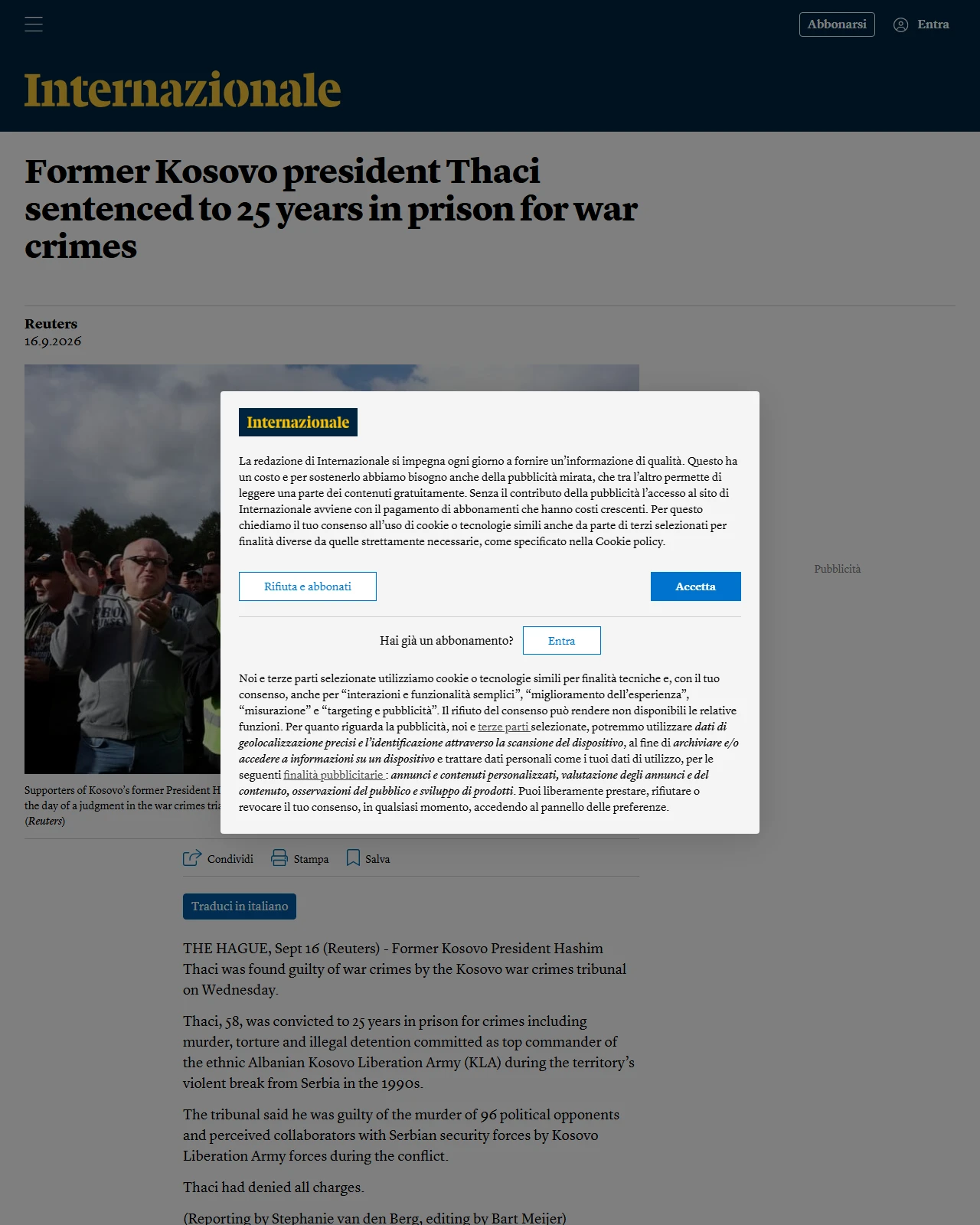 internazionale.it as published: Former Kosovo president Thaci sentenced to 25 years in prison for war crimes