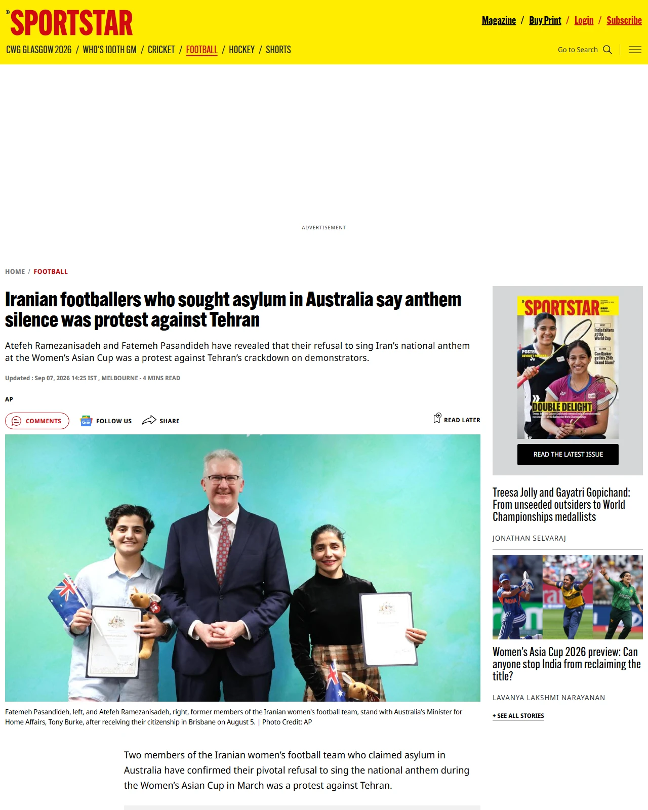 sportstar.thehindu.com as published: Iranian footballers who sought asylum in Australia say anthem silence was protest against Tehran