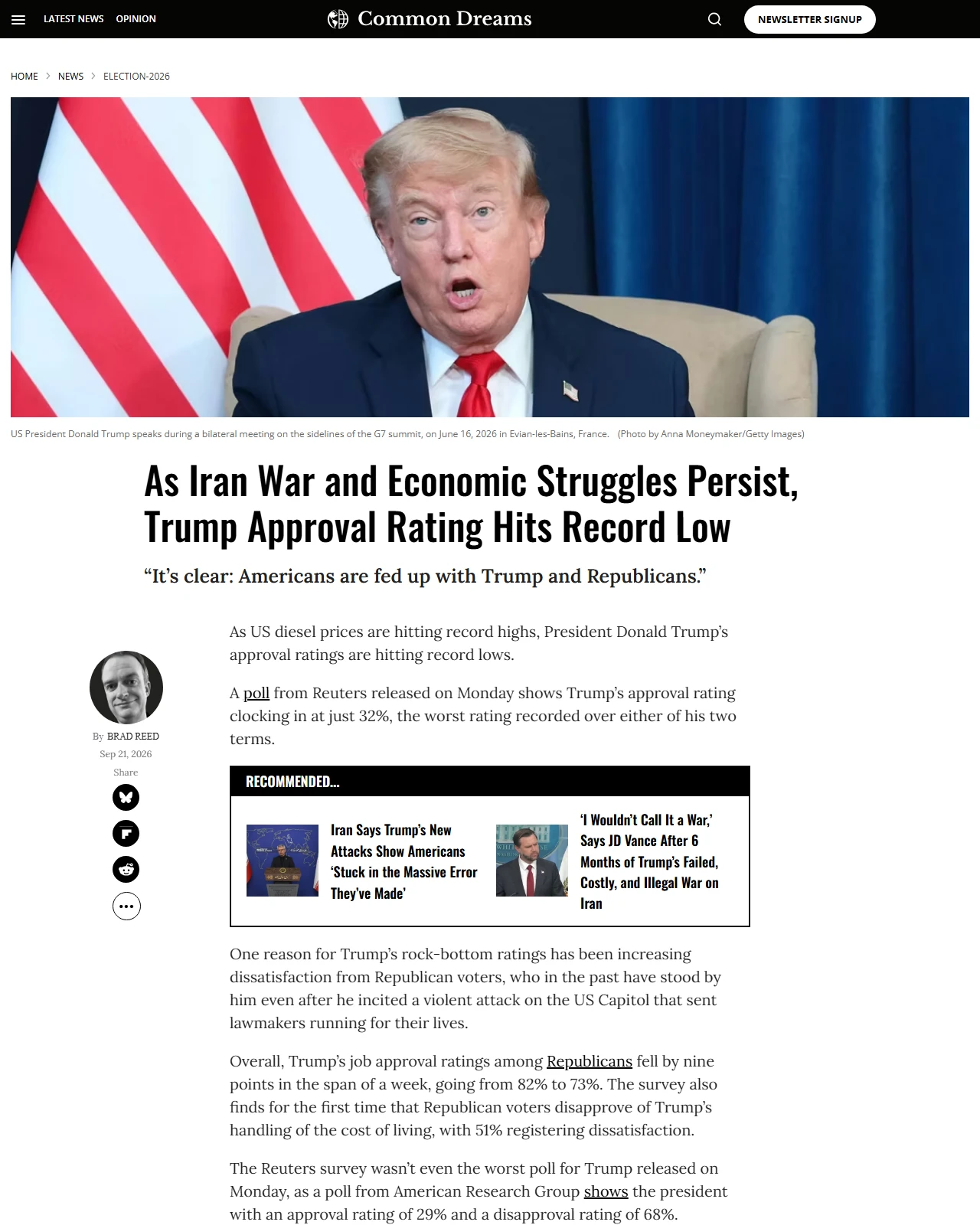 commondreams.org as published: As Iran War and Economic Struggles Persist, Trump Approval Rating Hits Record Low
