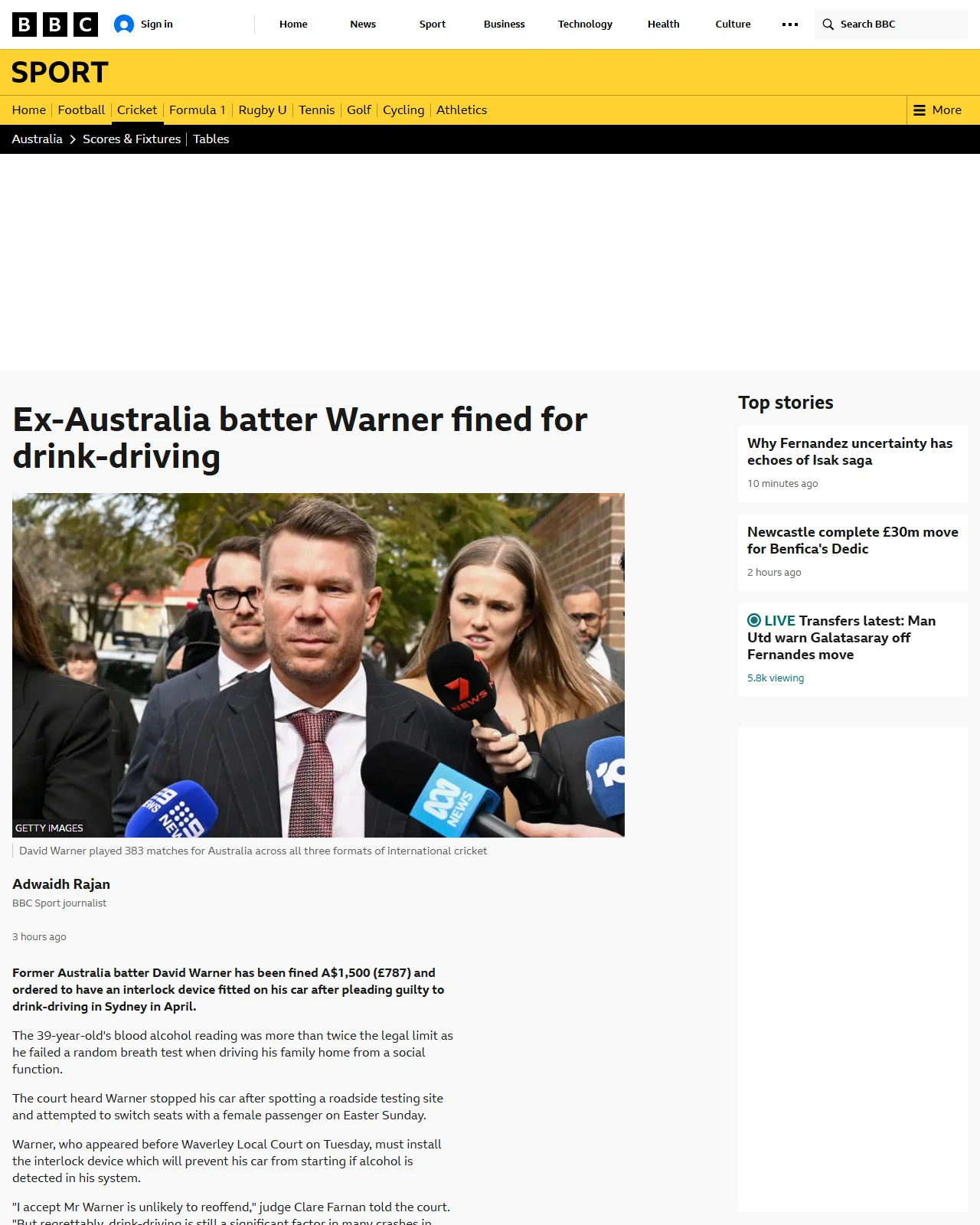 bbc.co.uk as published: David Warner: Former Australia batter convicted and fined for drink-driving